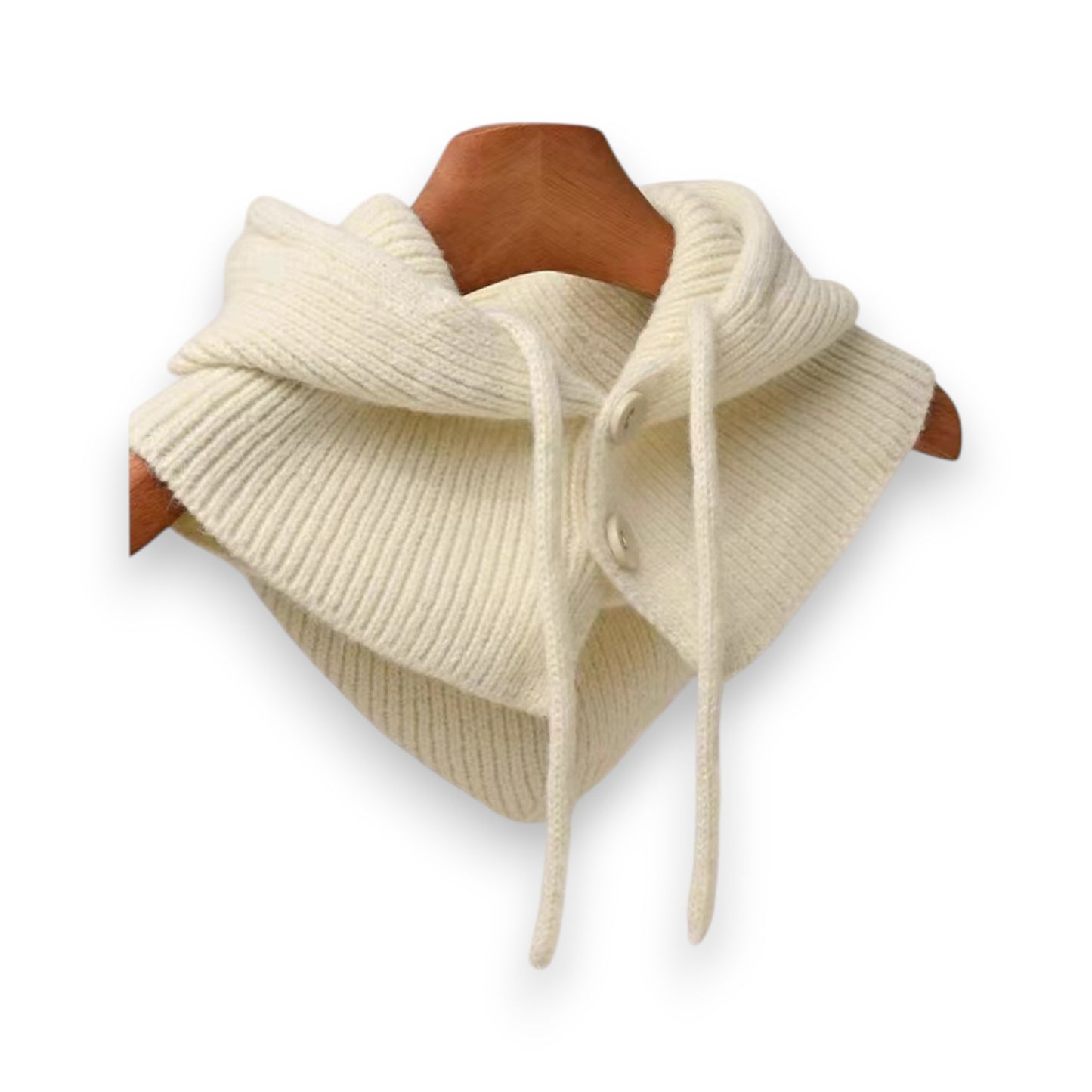 Ribbed Knit Hooded Neck Warmer with Button Closure and Drawstring Design