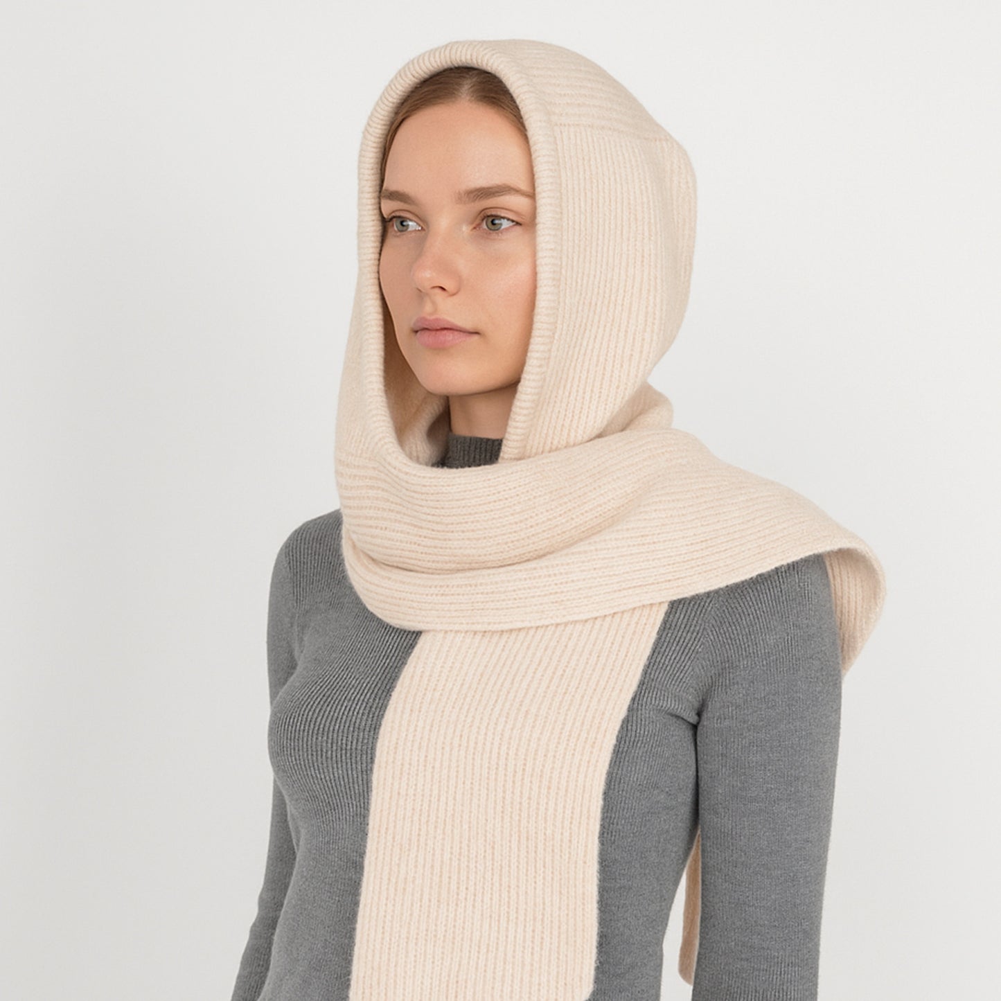 Womens Wool Blend Ribbed Knit Hat with Attached Scarf Warm and Convenient