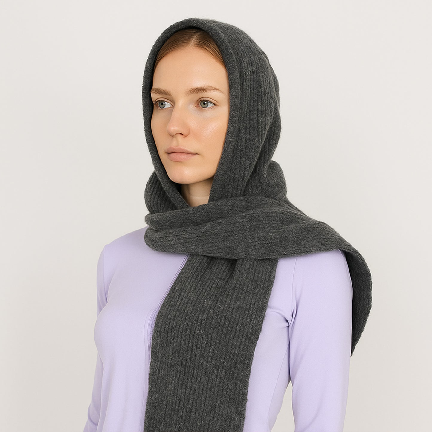 Womens Wool Blend Ribbed Knit Hat with Attached Scarf Warm and Convenient