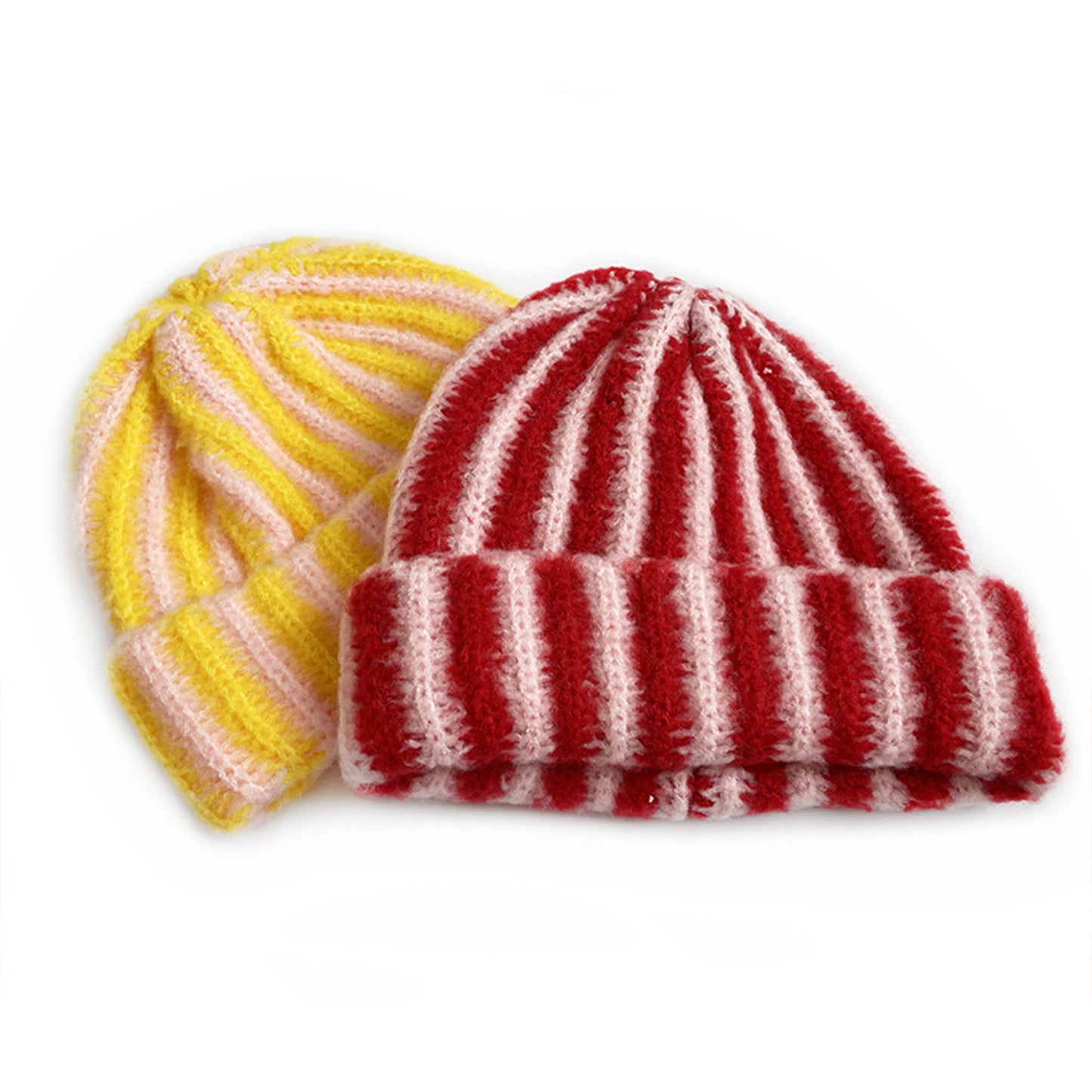 Knit Beanie with Colorblock Stripes and Folded Cuff Winter Hat