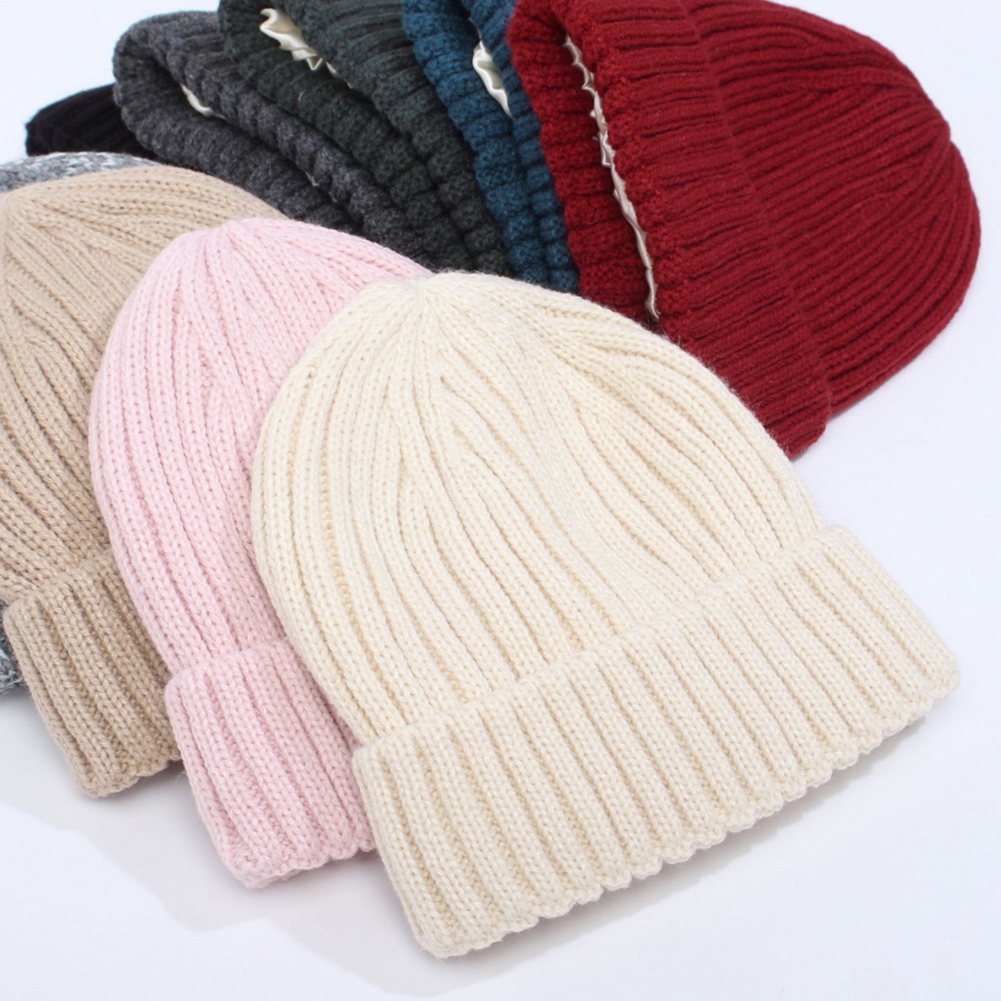 Ribbed Knit Beanie Hat with Satin Lining and Folded Cuff