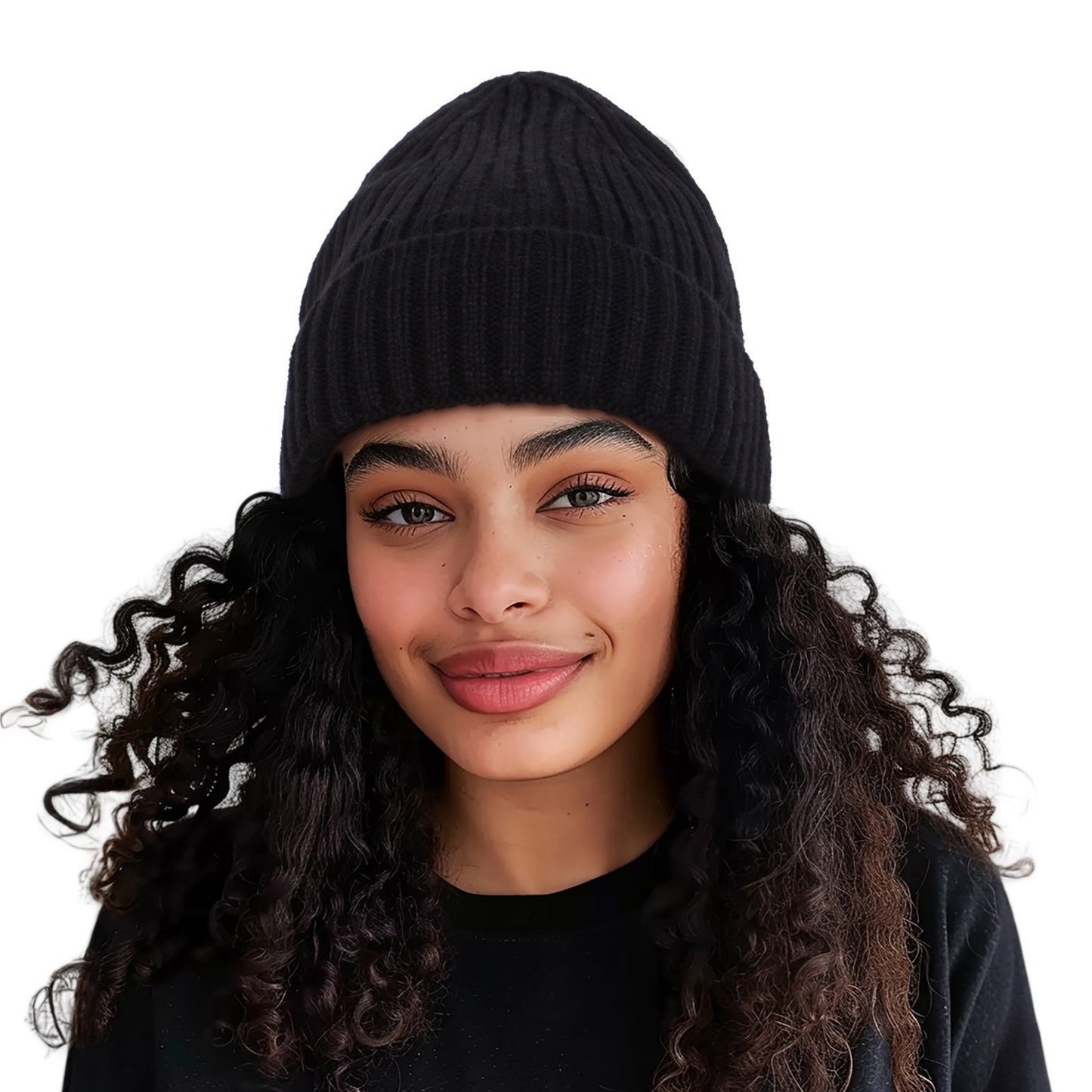 Ribbed Knit Beanie Hat with Satin Lining and Folded Cuff