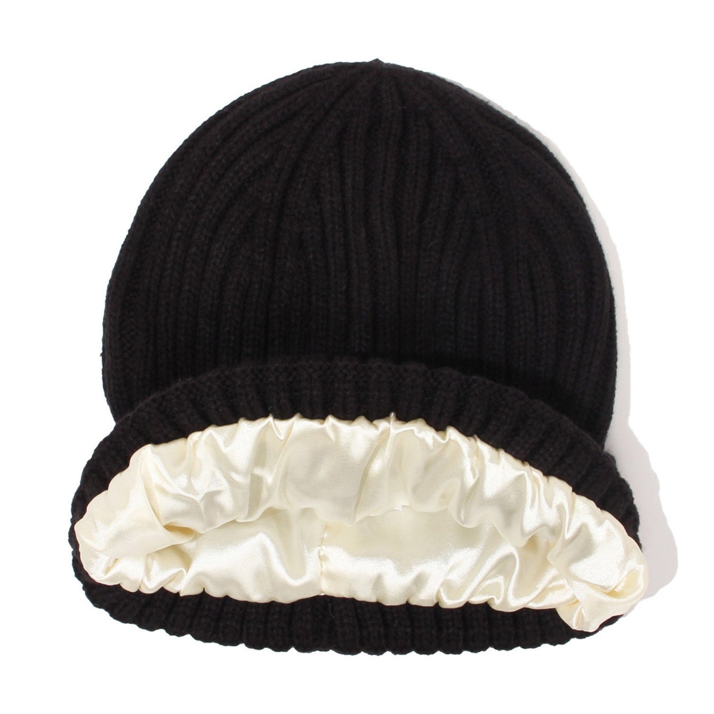 Ribbed Knit Beanie Hat with Satin Lining and Folded Cuff