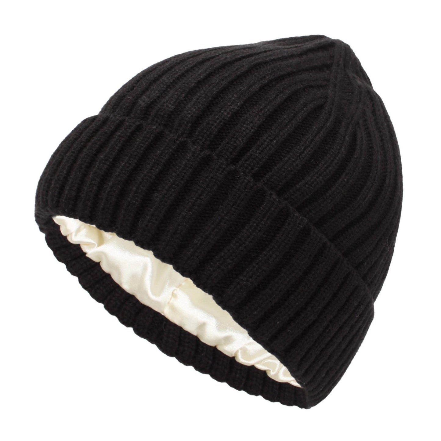 Ribbed Knit Beanie Hat with Satin Lining and Folded Cuff