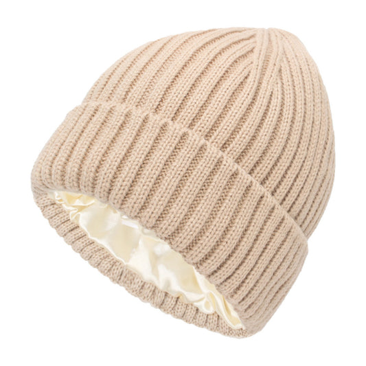 Ribbed Knit Beanie Hat with Satin Lining and Folded Cuff