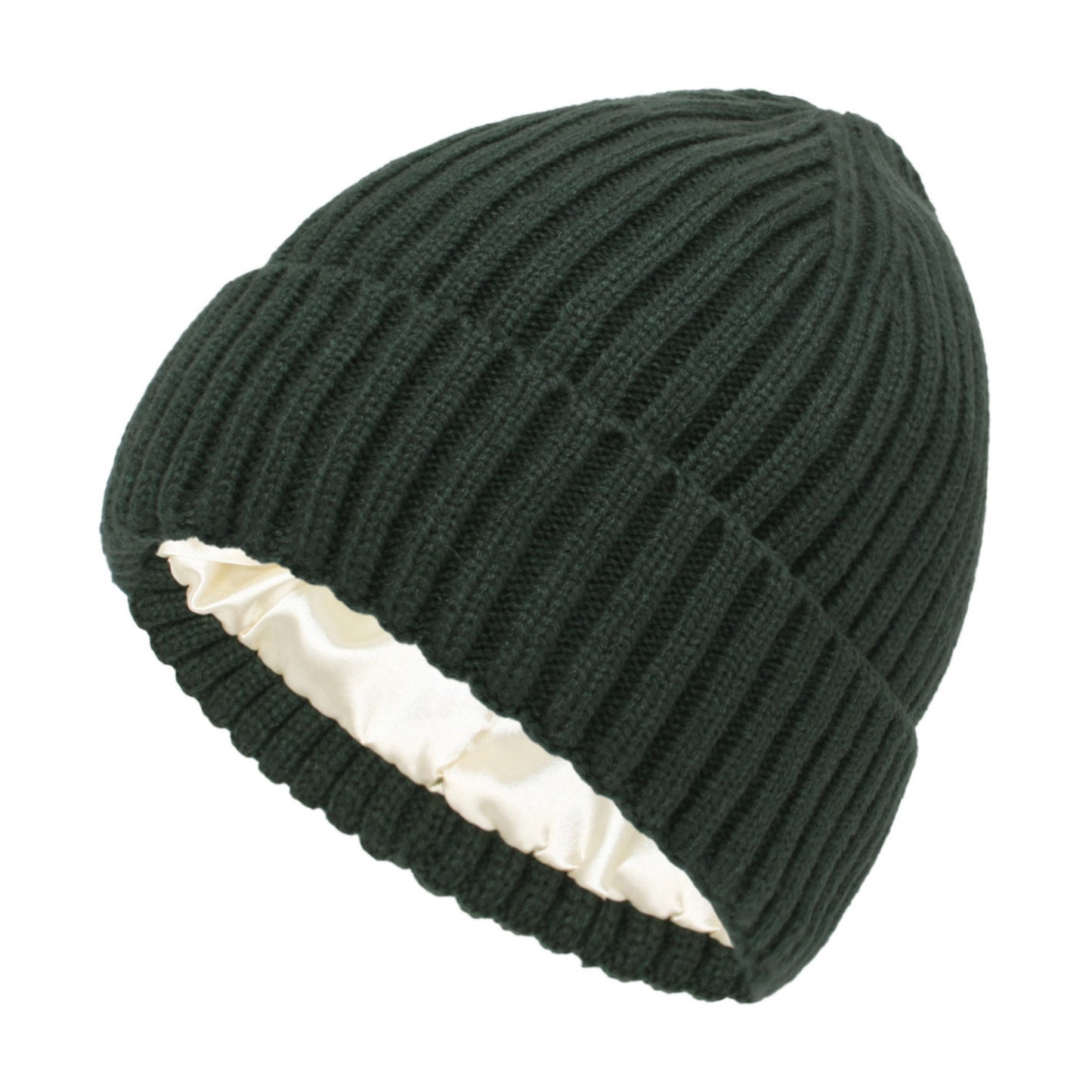Ribbed Knit Beanie Hat with Satin Lining and Folded Cuff