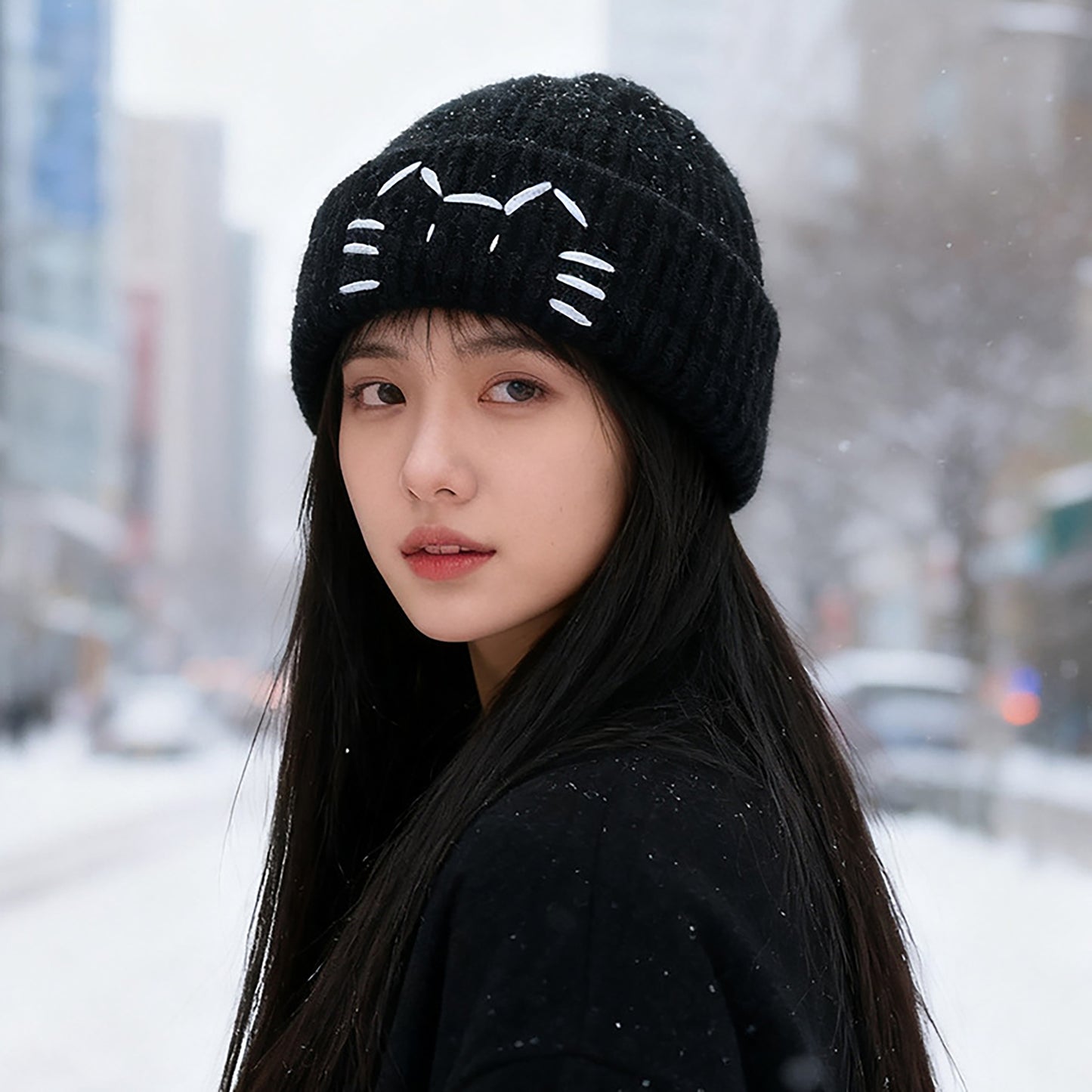 Knitted Beanie with Cat Embroidery - Cute & Warm Winter Hat for Cold Weather