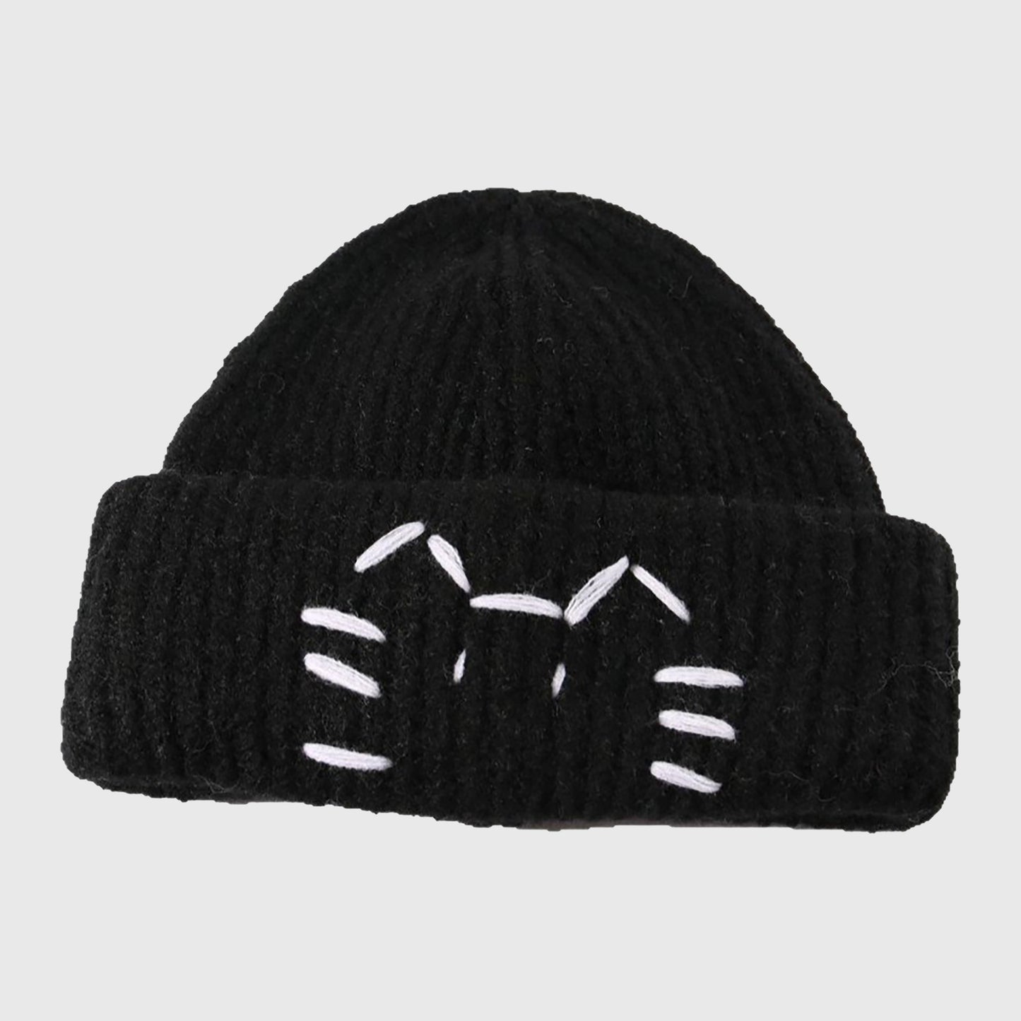 Knitted Beanie with Cat Embroidery - Cute & Warm Winter Hat for Cold Weather