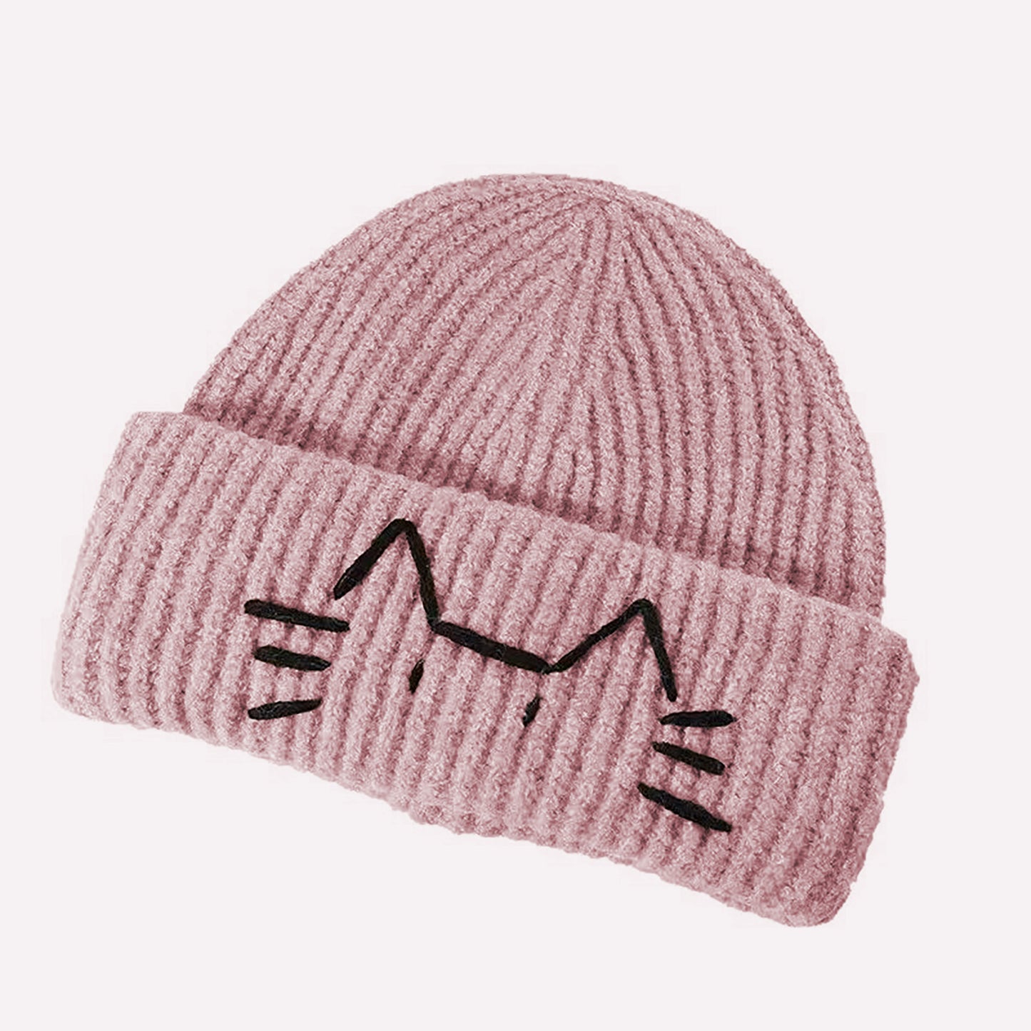 Knitted Beanie with Cat Embroidery - Cute & Warm Winter Hat for Cold Weather