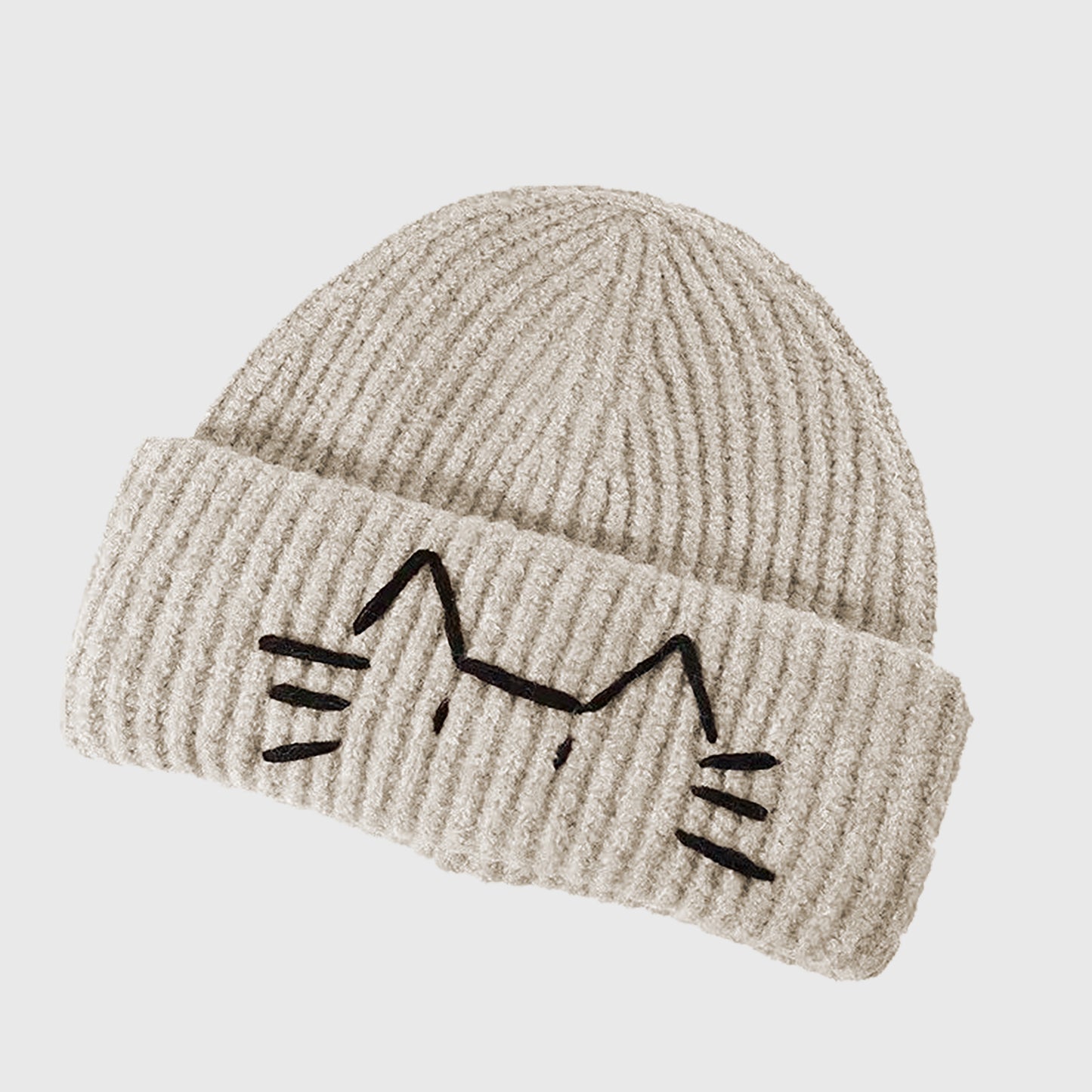 Knitted Beanie with Cat Embroidery - Cute & Warm Winter Hat for Cold Weather