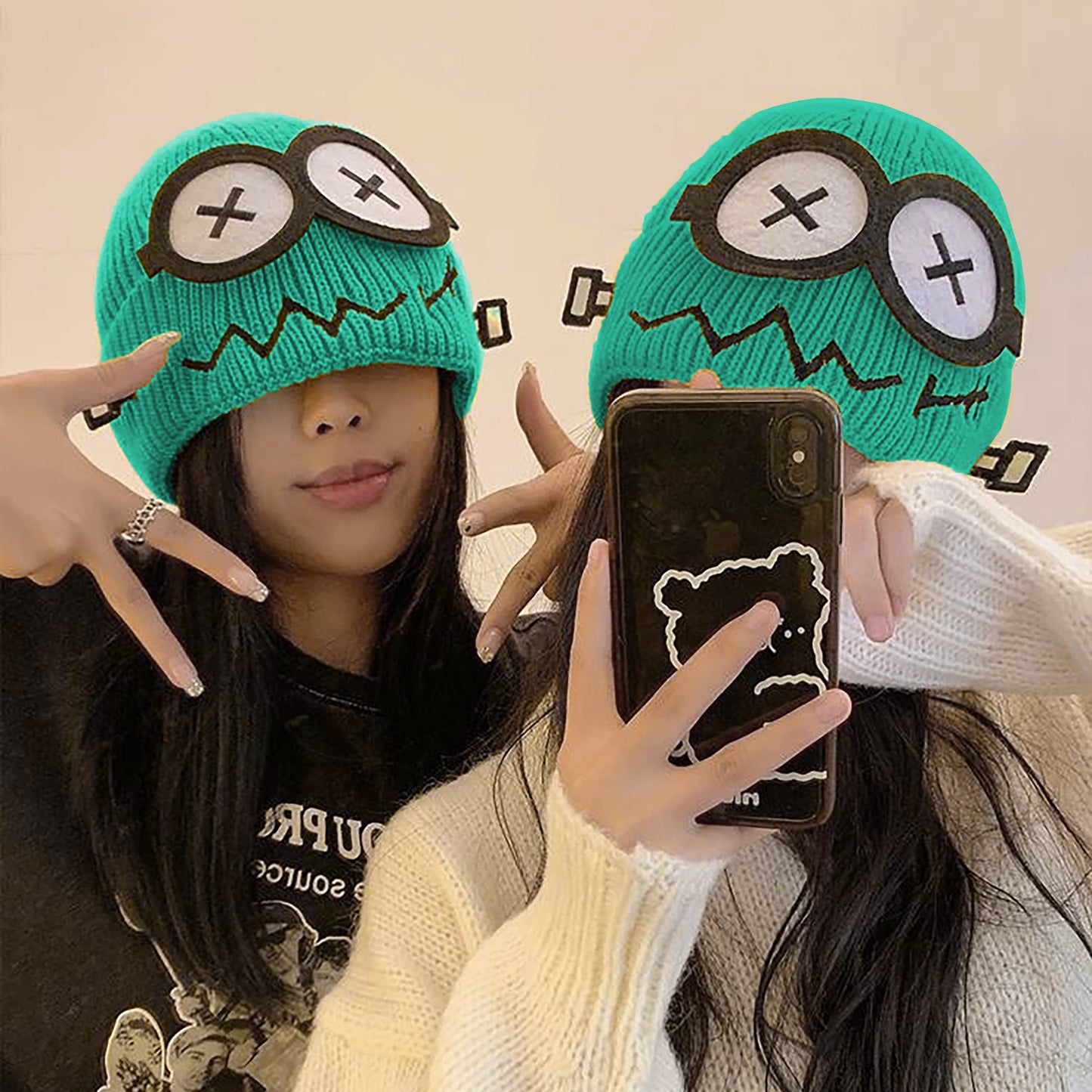 Knitted Beanie with Cartoon Monster Eye Design - Cute & Warm Winter Hat for Cold Weather