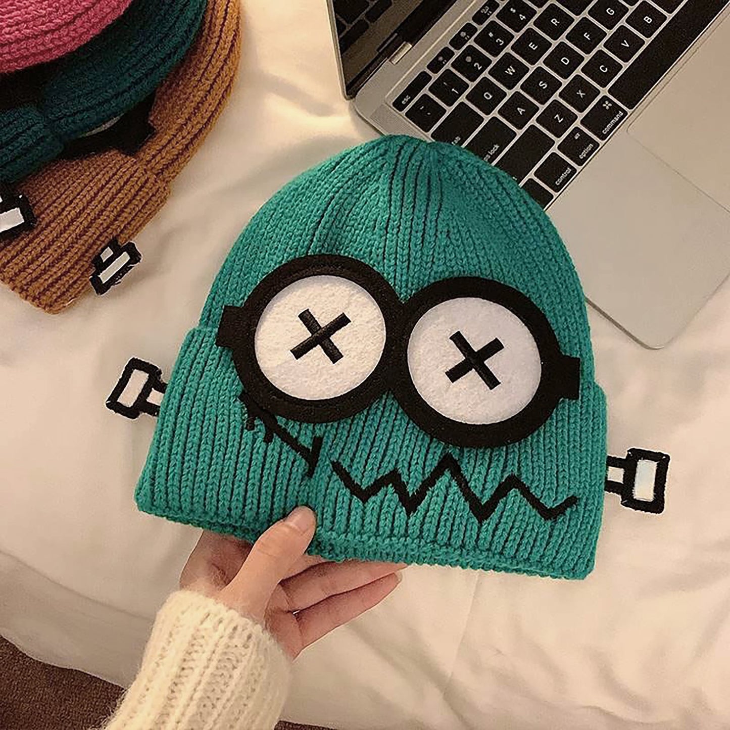 Knitted Beanie with Cartoon Monster Eye Design - Cute & Warm Winter Hat for Cold Weather