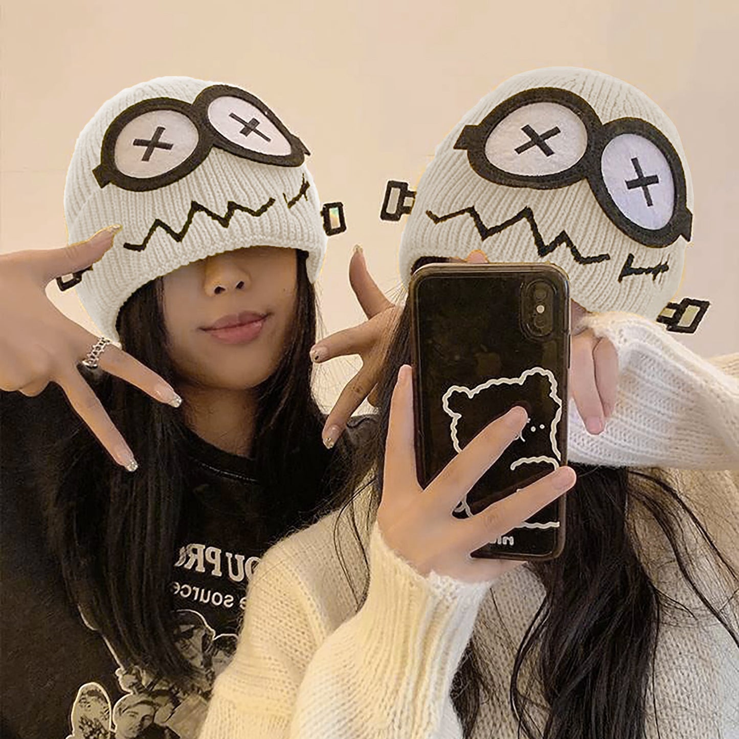 Knitted Beanie with Cartoon Monster Eye Design - Cute & Warm Winter Hat for Cold Weather