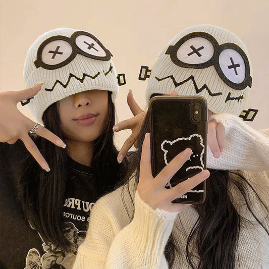 Knitted Beanie with Cartoon Monster Eye Design - Cute & Warm Winter Hat for Cold Weather