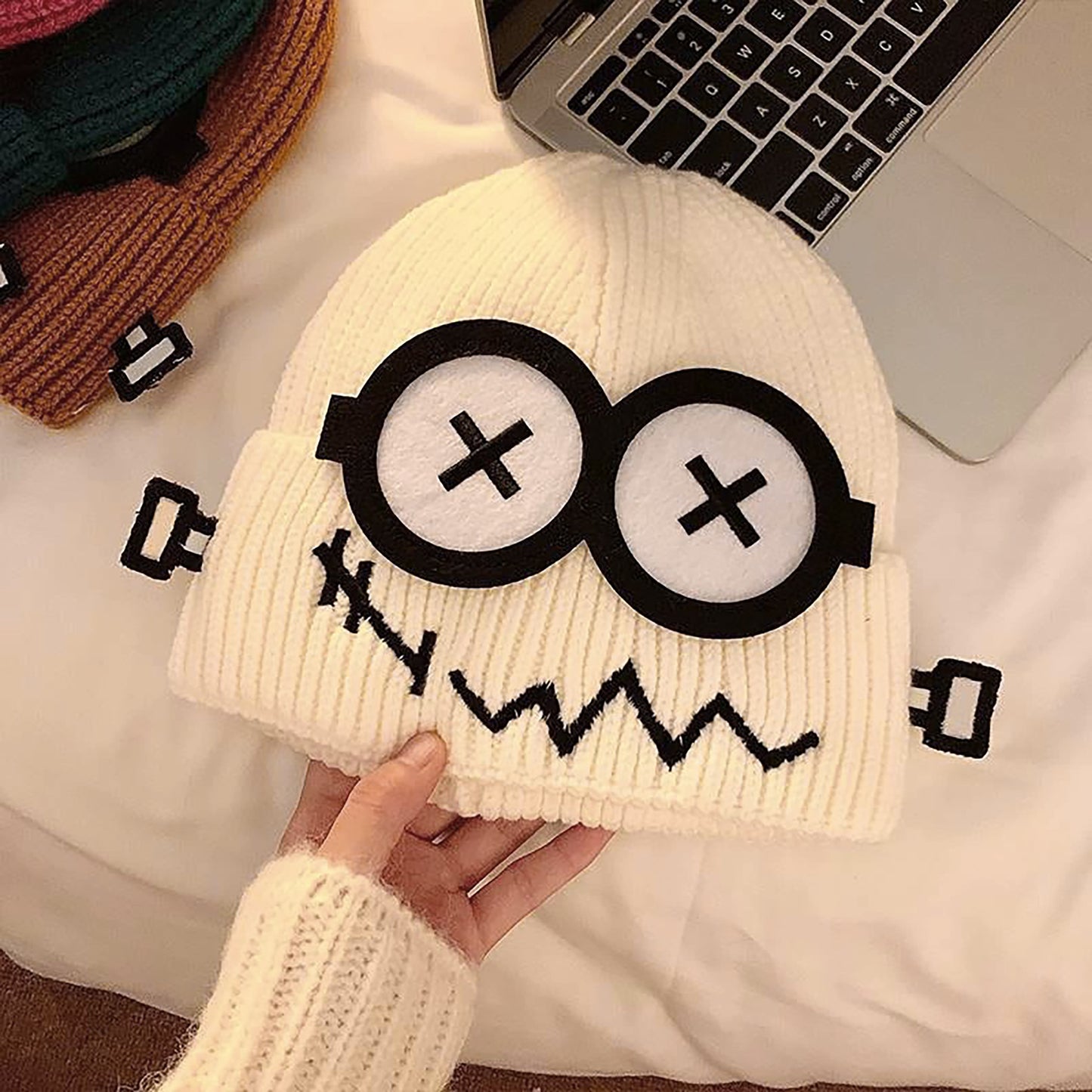 Knitted Beanie with Cartoon Monster Eye Design - Cute & Warm Winter Hat for Cold Weather