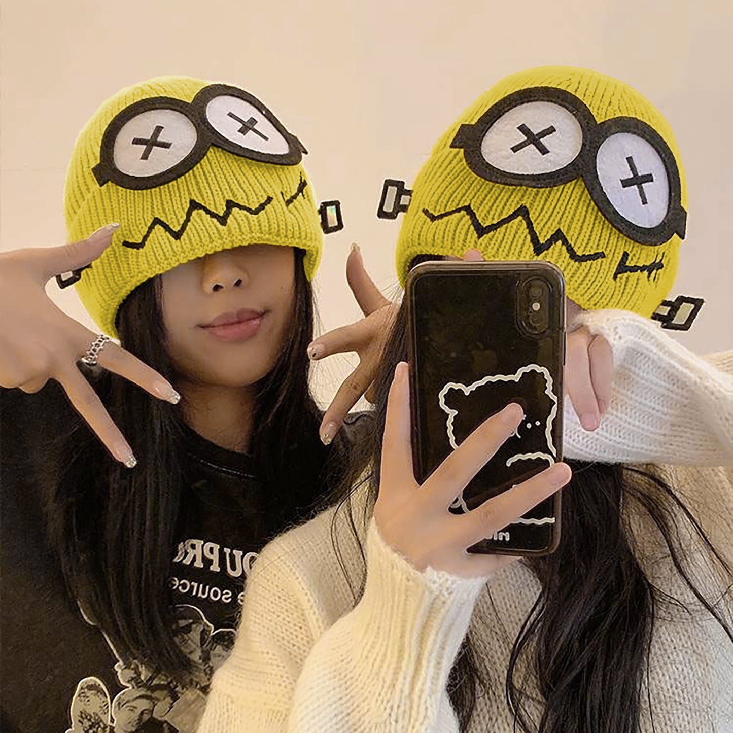 Knitted Beanie with Cartoon Monster Eye Design - Cute & Warm Winter Hat for Cold Weather