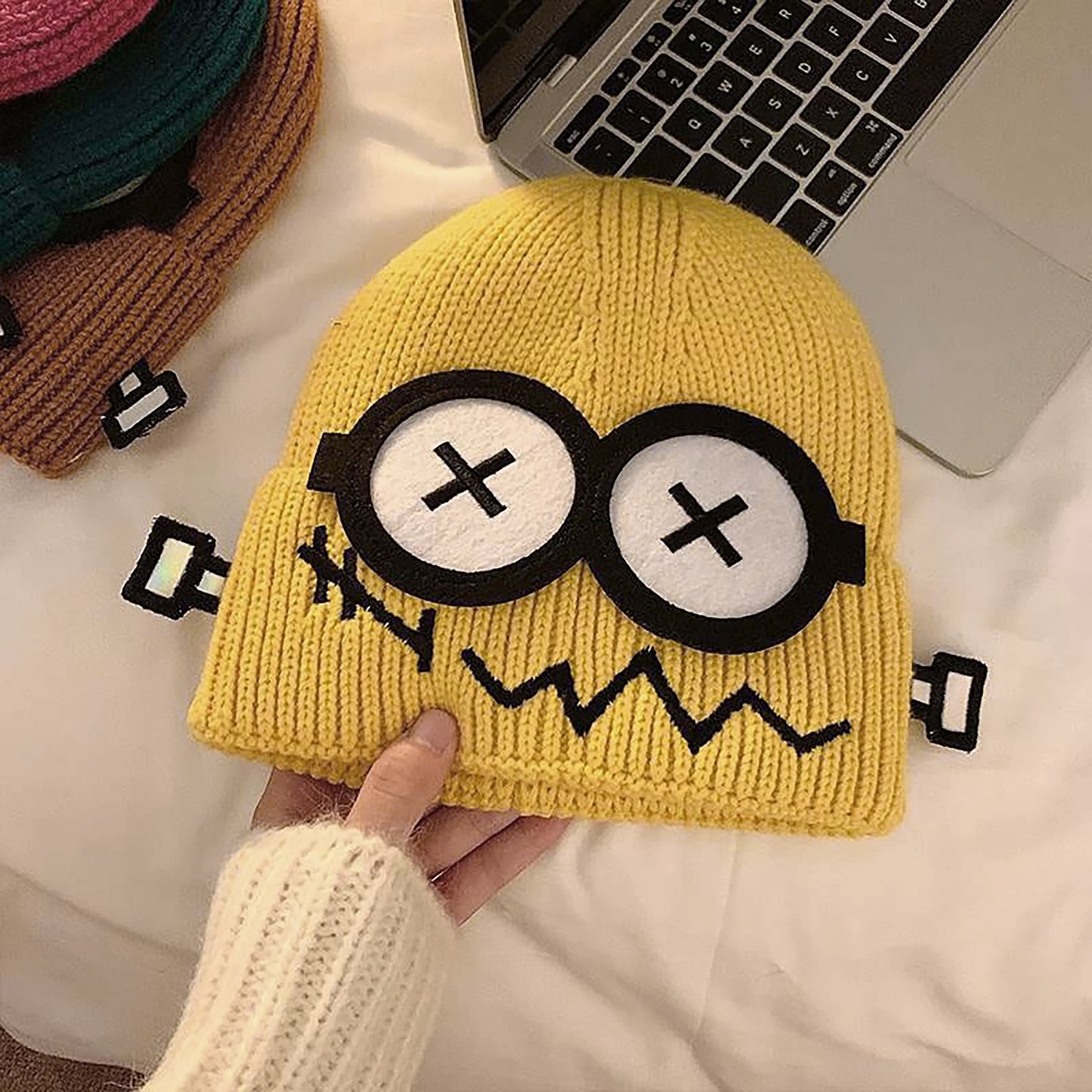 Knitted Beanie with Cartoon Monster Eye Design - Cute & Warm Winter Hat for Cold Weather