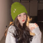 Coral Knitted Beanie with Star Embroidery - Stylish & Warm Winter Hat
