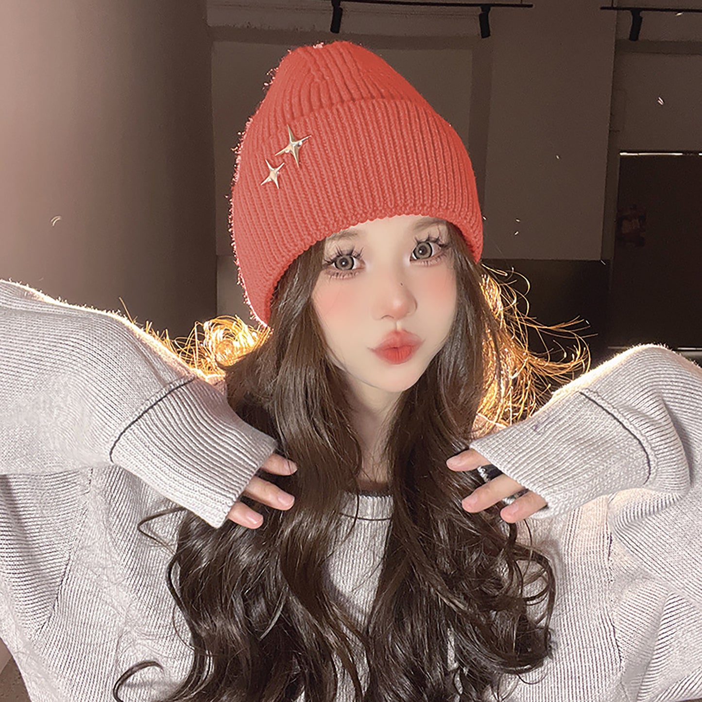 Coral Knitted Beanie with Star Embroidery - Stylish & Warm Winter Hat