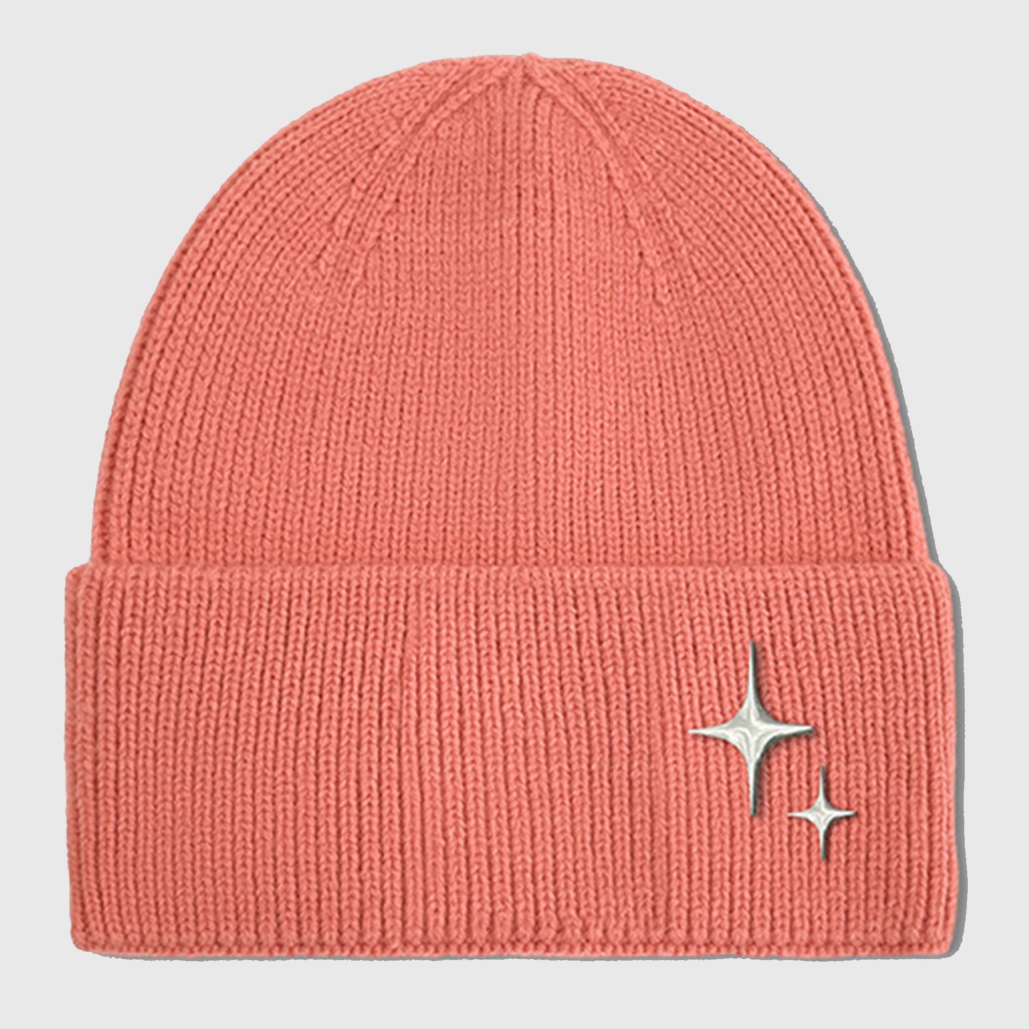Coral Knitted Beanie with Star Embroidery - Stylish & Warm Winter Hat