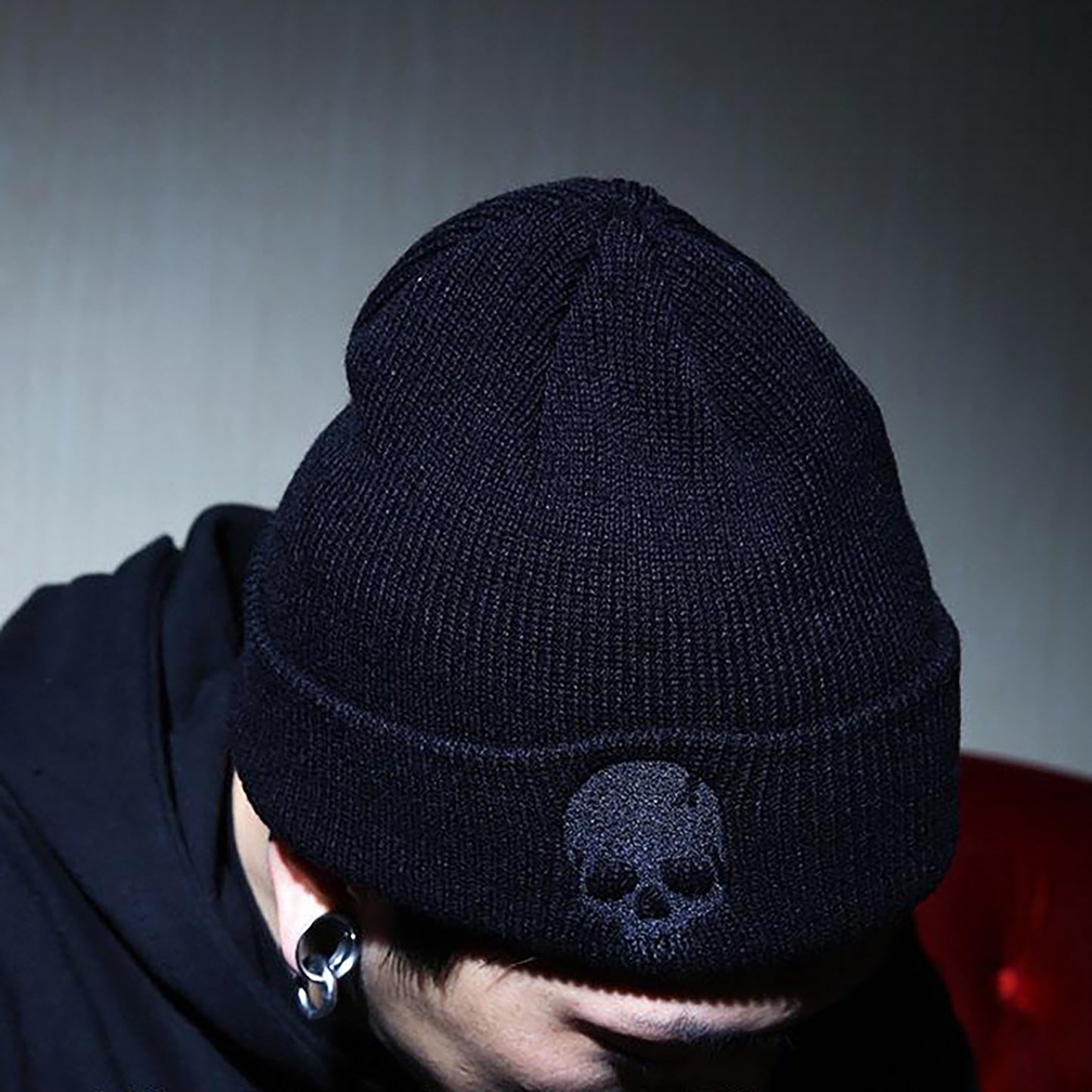 Knitted Beanie with Skull Embroidery Warm Winter Hat for Gothic, Punk & Casual Styles