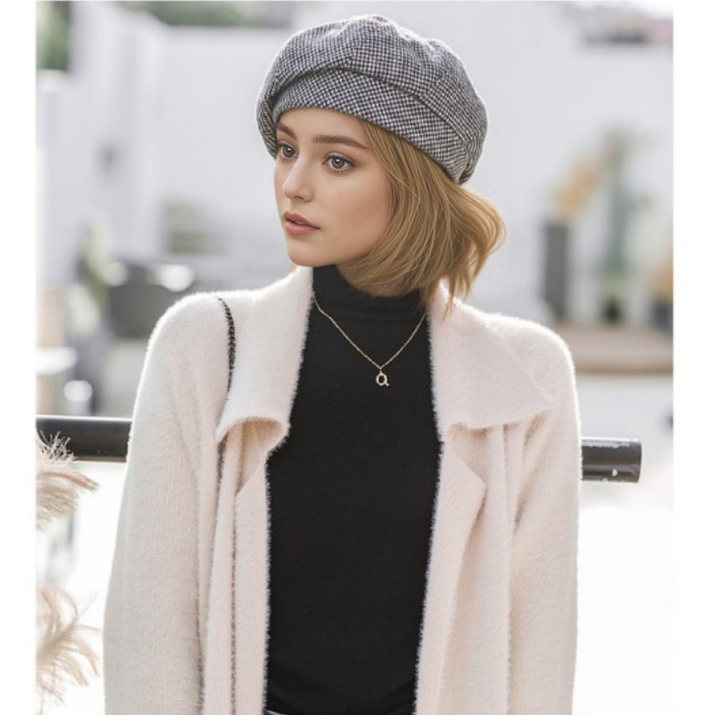 Classic Houndstooth Wool Blend Newsboy Cap