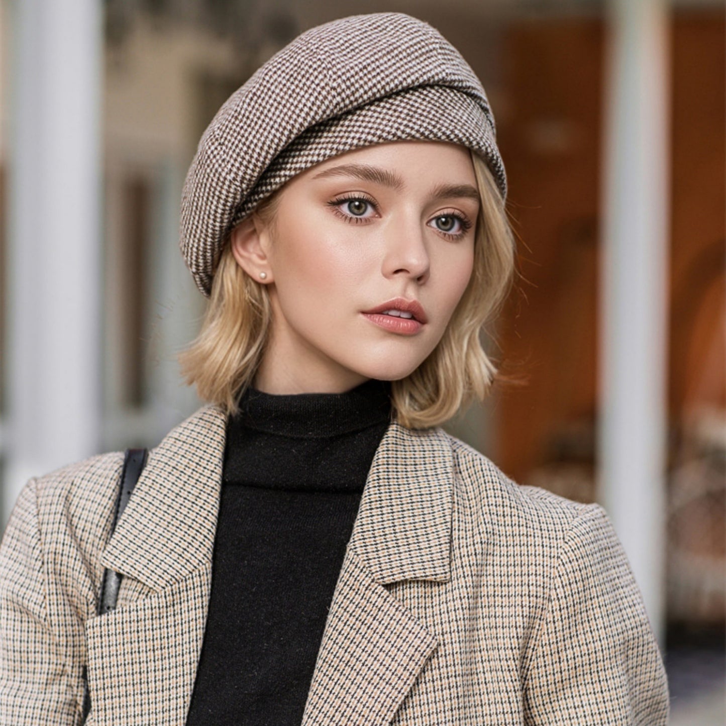 Classic Houndstooth Wool Blend Newsboy Cap