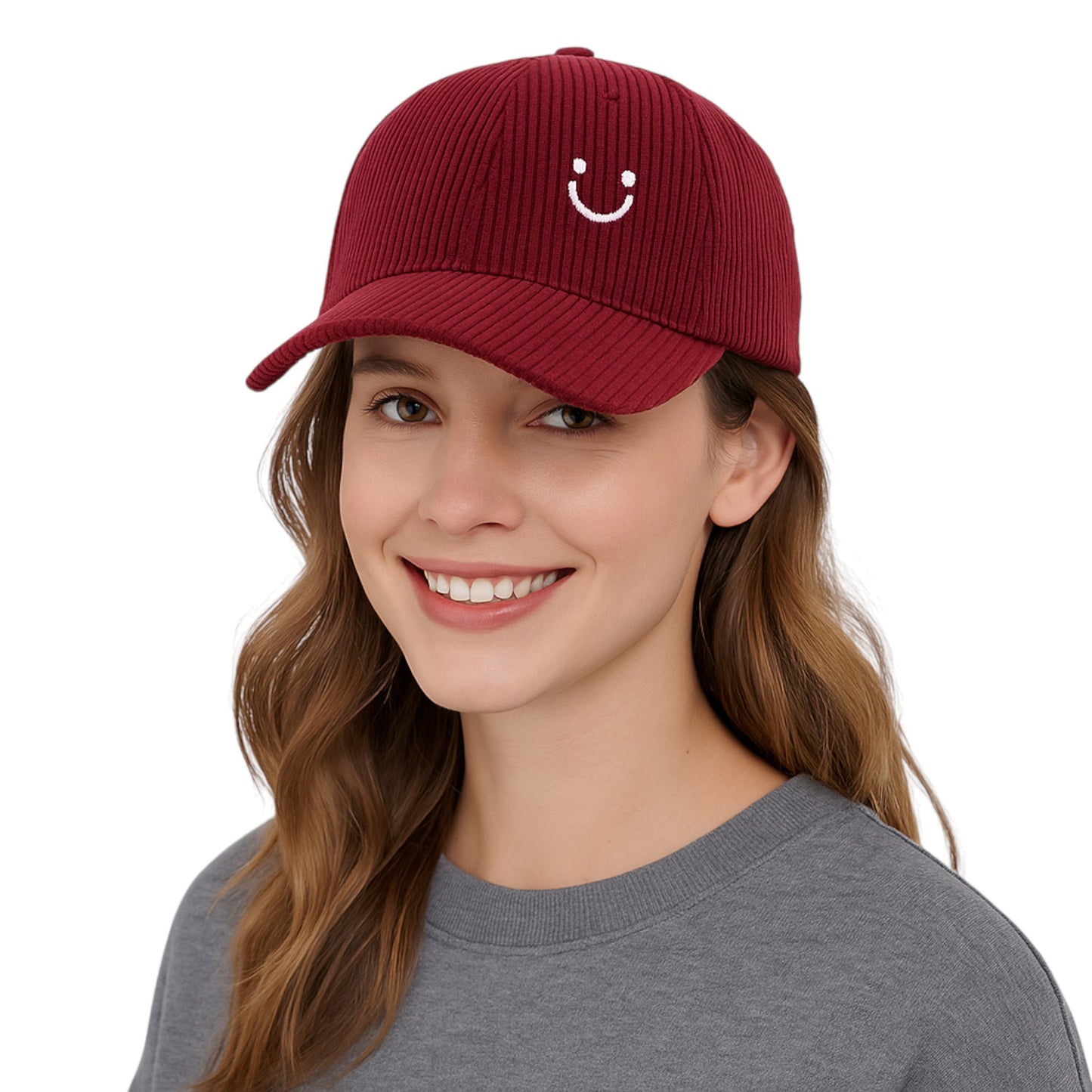 Corduroy Baseball Cap with Soft Ribbed Texture and Embroidered Smiley Detail