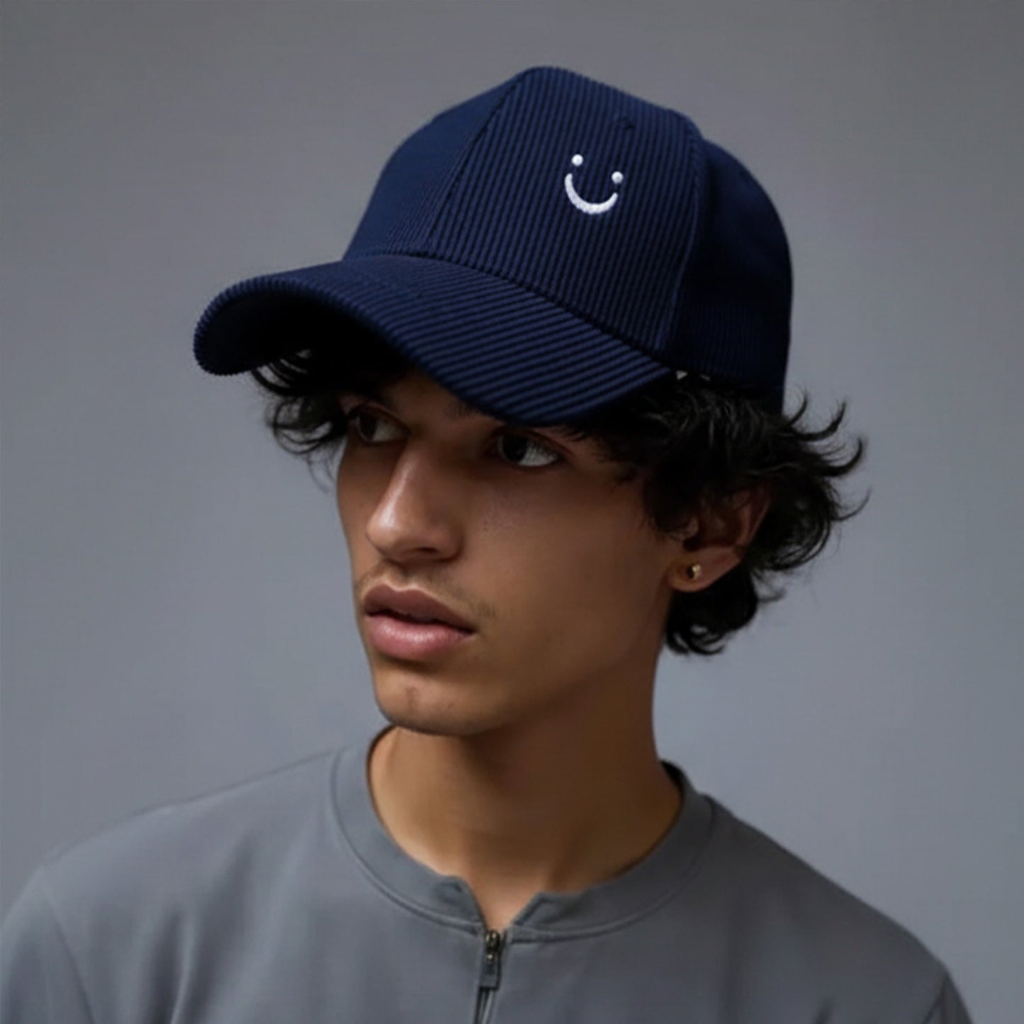 Corduroy Baseball Cap with Soft Ribbed Texture and Embroidered Smiley Detail