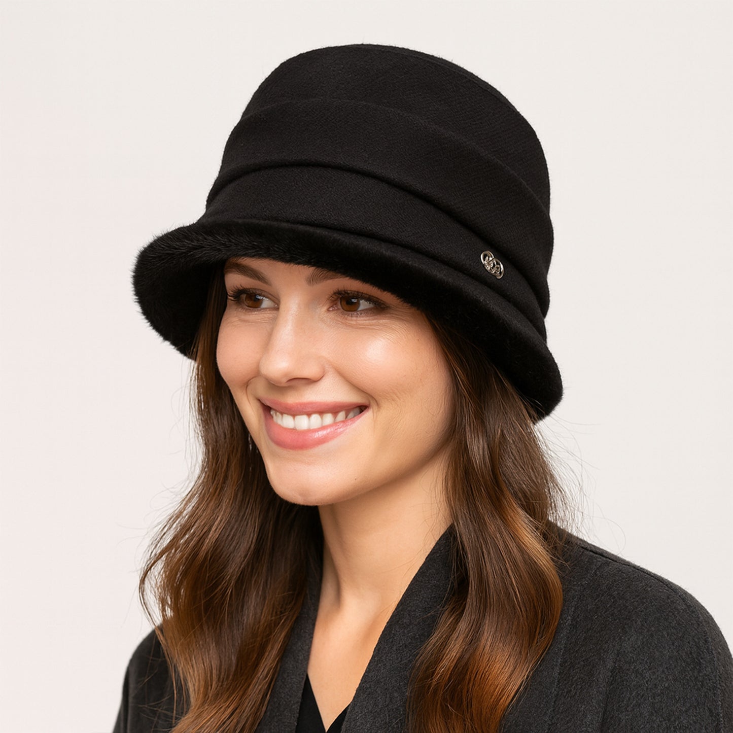 Warm Winter Cloche Hat with Faux Fur Trim
