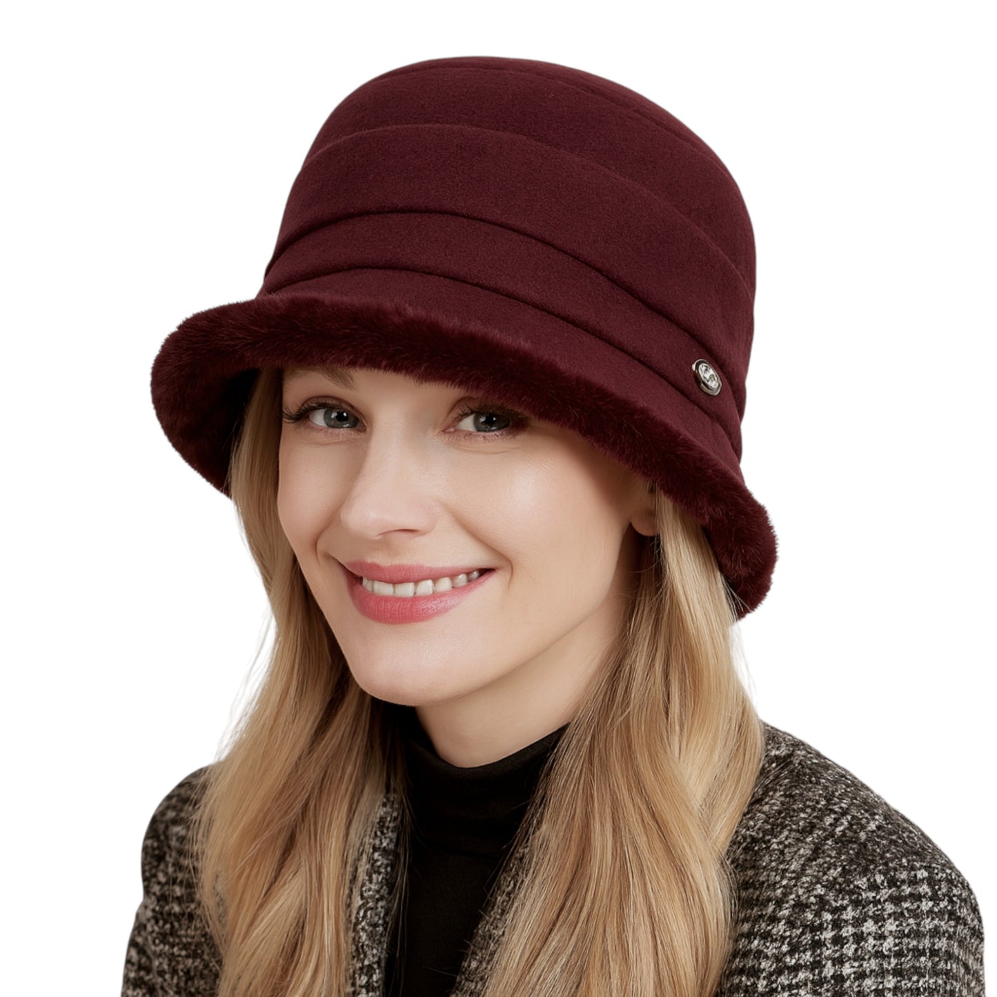 Warm Winter Cloche Hat with Faux Fur Trim
