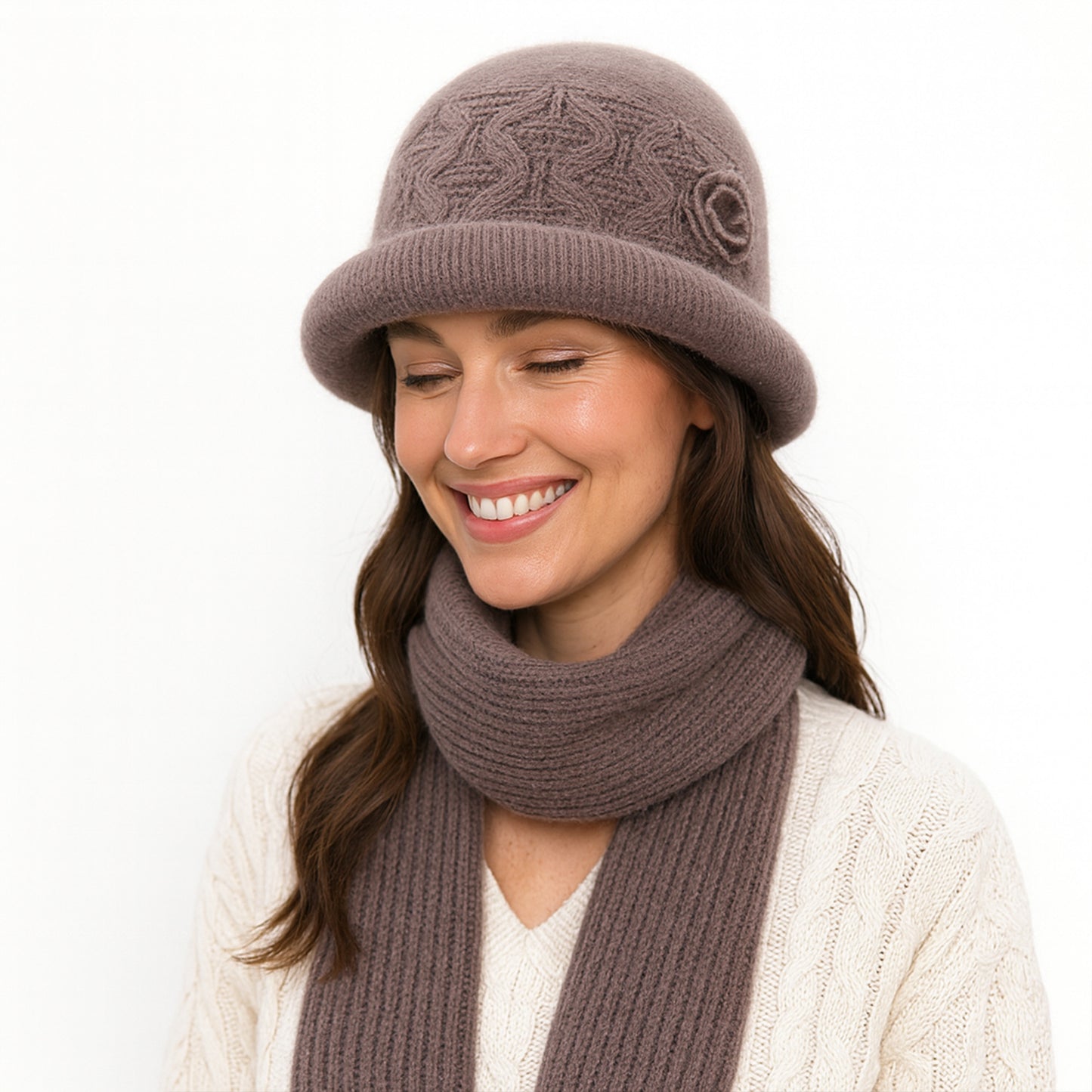 Soft Knit Winter Hat with Rolled Brim and Elegant Floral Detail