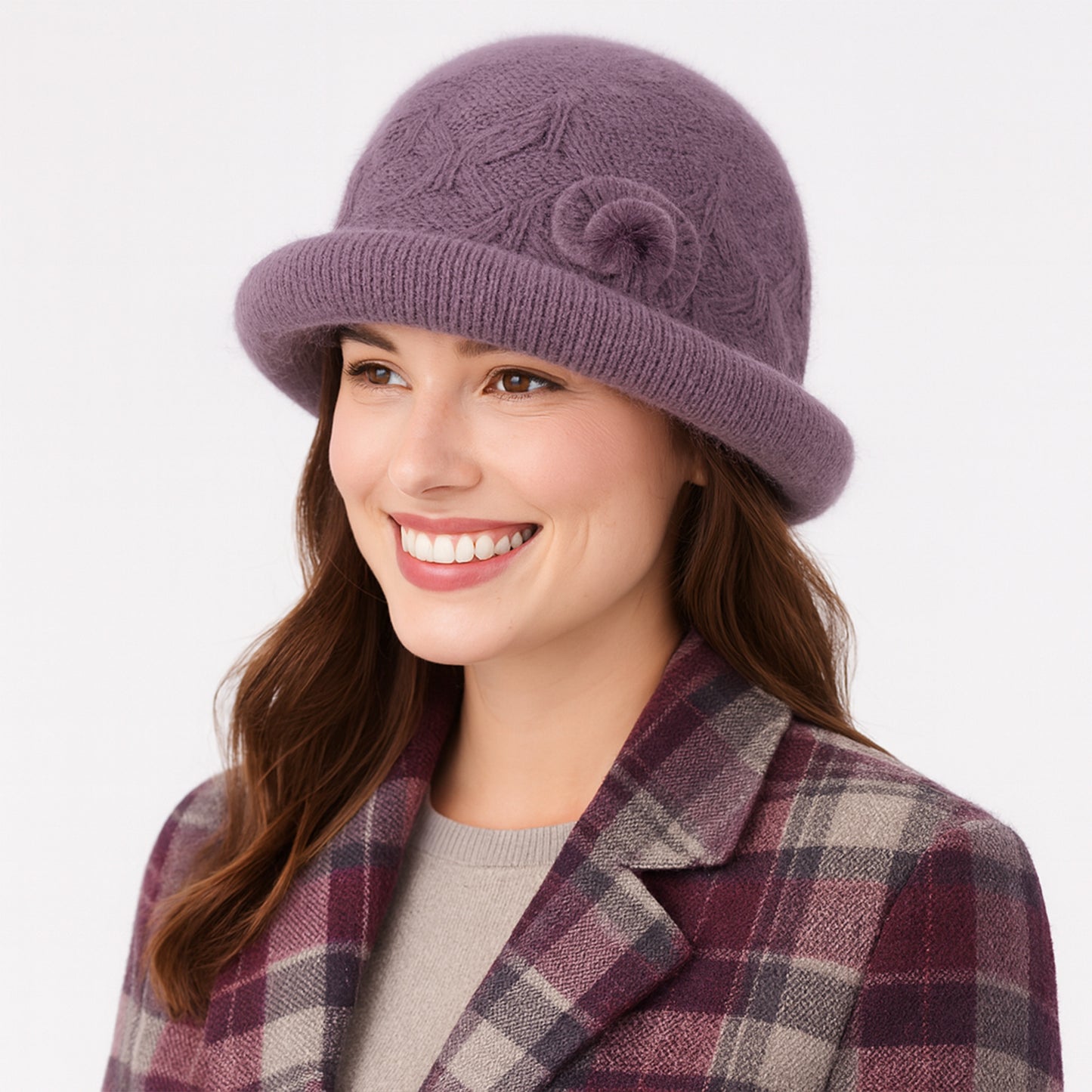 Soft Knit Winter Hat with Rolled Brim and Elegant Floral Detail