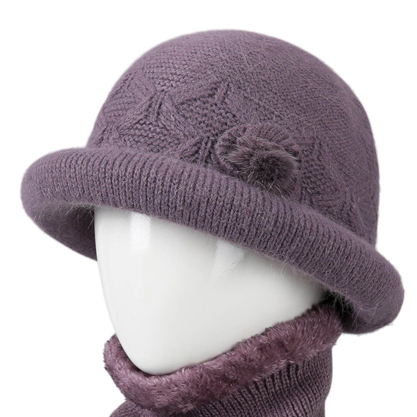 Soft Knit Winter Hat with Rolled Brim and Elegant Floral Detail