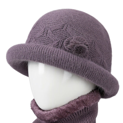 Soft Knit Winter Hat with Rolled Brim and Elegant Floral Detail