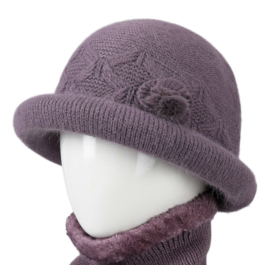 Soft Knit Winter Hat with Rolled Brim and Elegant Floral Detail