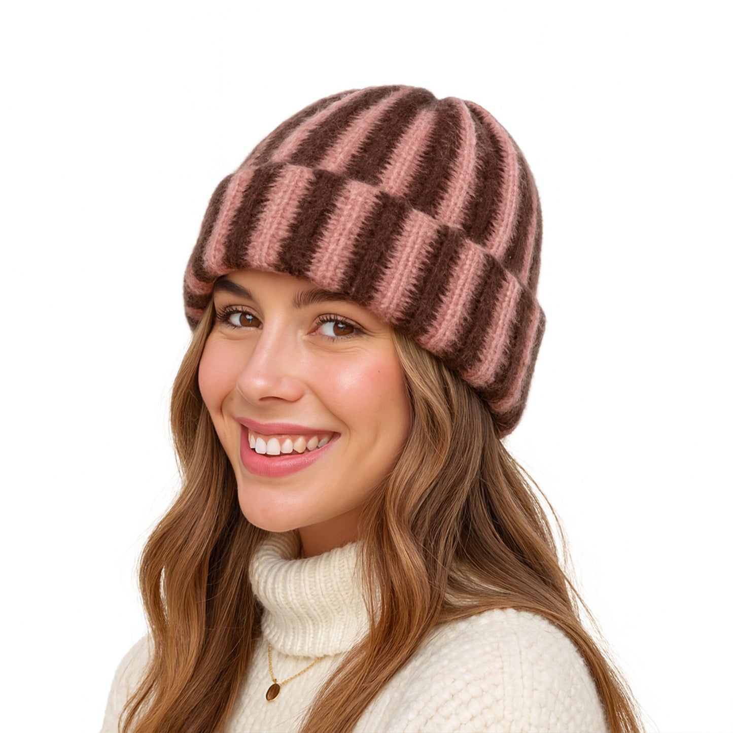 Knit Beanie with Colorblock Stripes and Folded Cuff Winter Hat