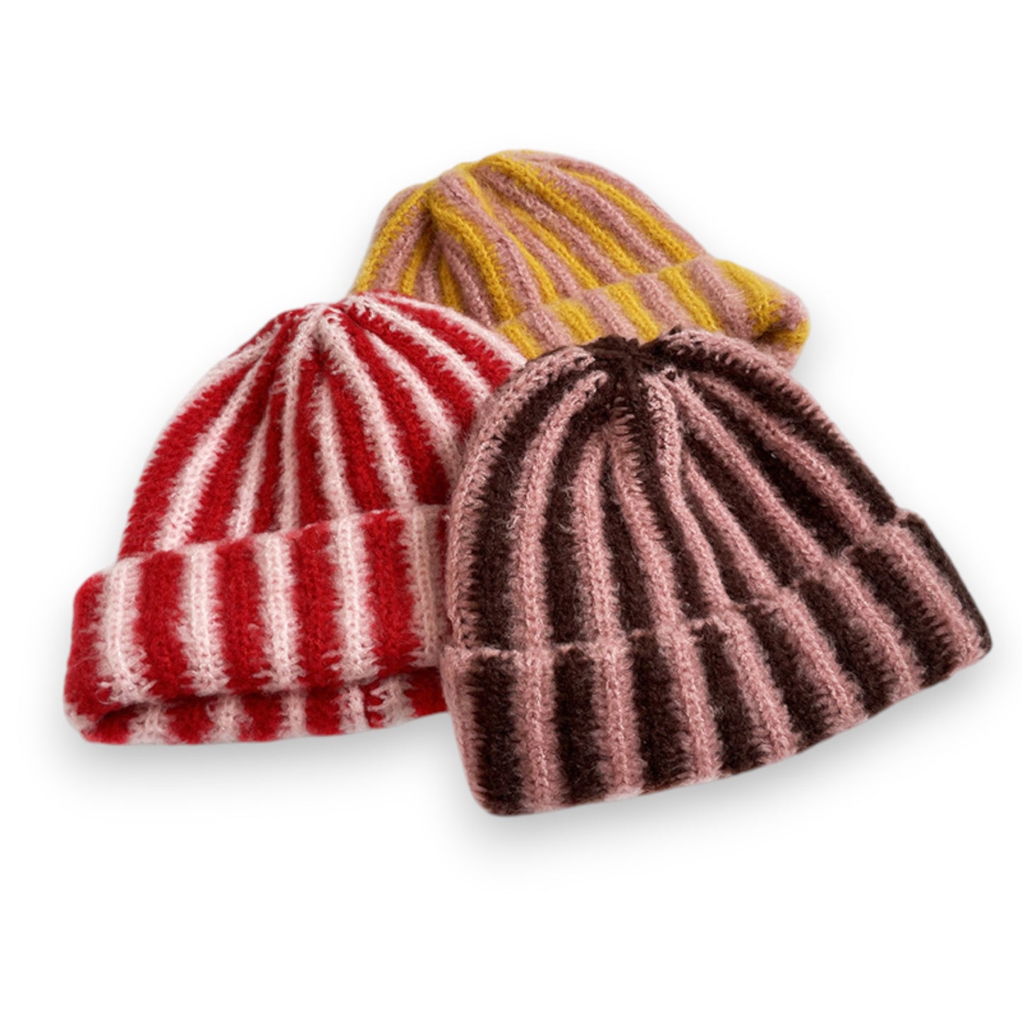 Knit Beanie with Colorblock Stripes and Folded Cuff Winter Hat