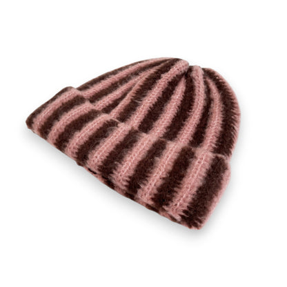 Knit Beanie with Colorblock Stripes and Folded Cuff Winter Hat