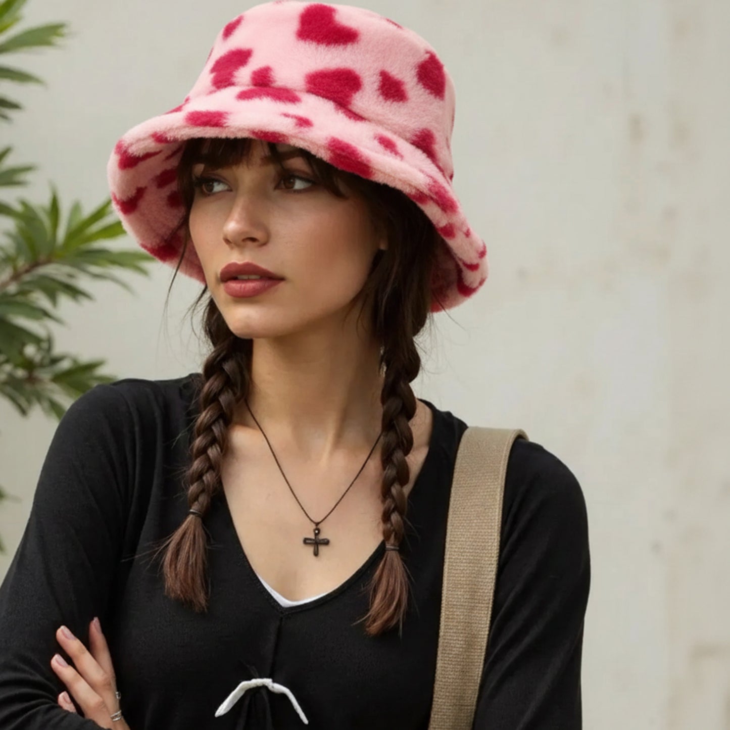 Valentine Plush Heart Pattern Bucket Hat Soft Texture Cozy Winter Style