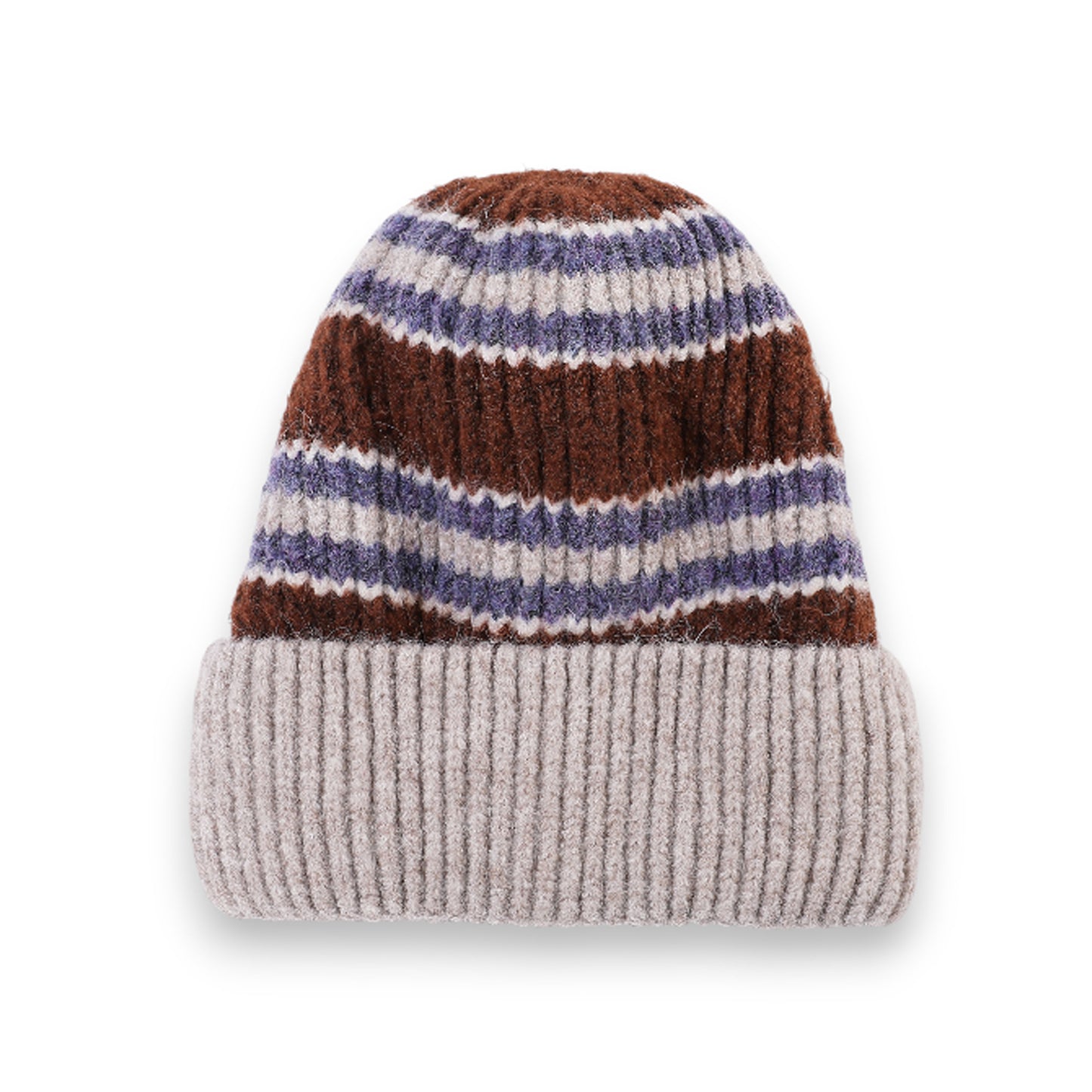 Soft Ribbed Knit Beanie Hat with Striped Pattern