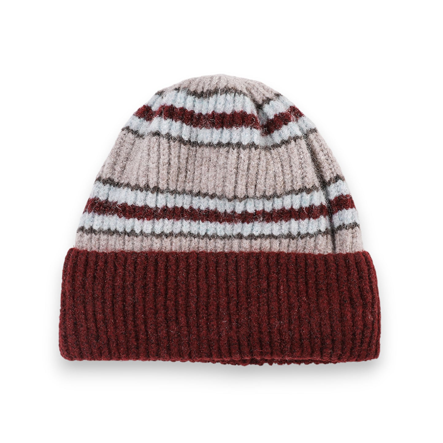 Soft Ribbed Knit Beanie Hat with Striped Pattern