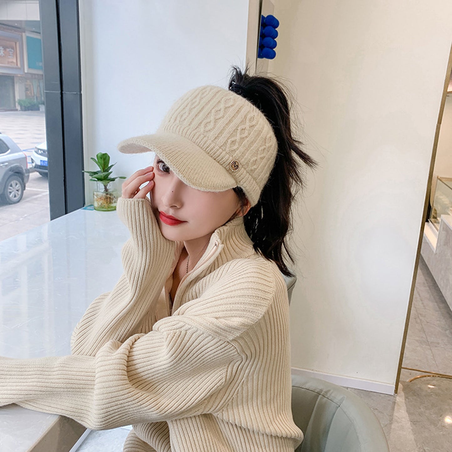 Plush Knit Ponytail Visor Hat with Soft Textured Cable Pattern and Curved Brim Design for Comfortable Everyday Cold-Weather Wear