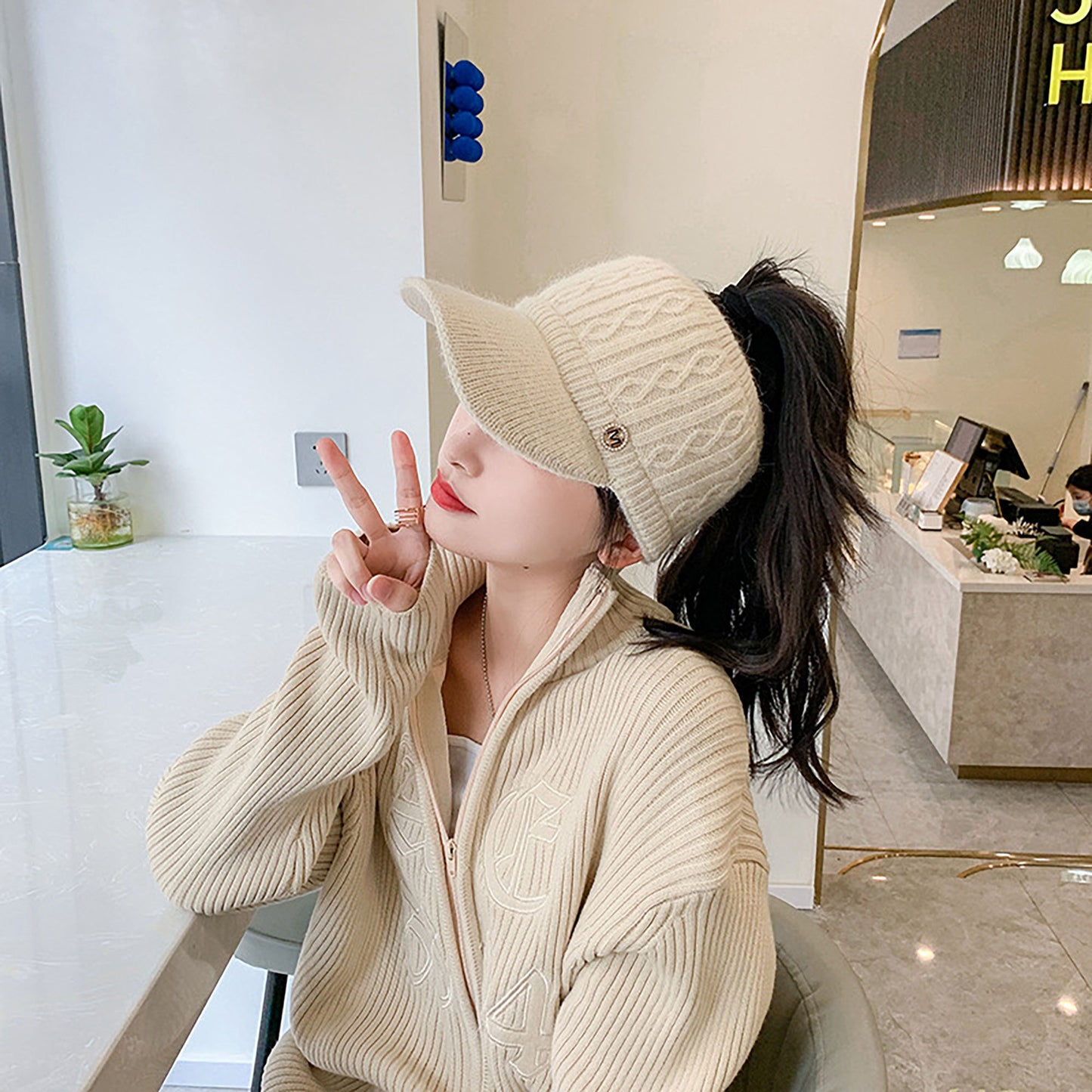 Plush Knit Ponytail Visor Hat with Soft Textured Cable Pattern and Curved Brim Design for Comfortable Everyday Cold-Weather Wear