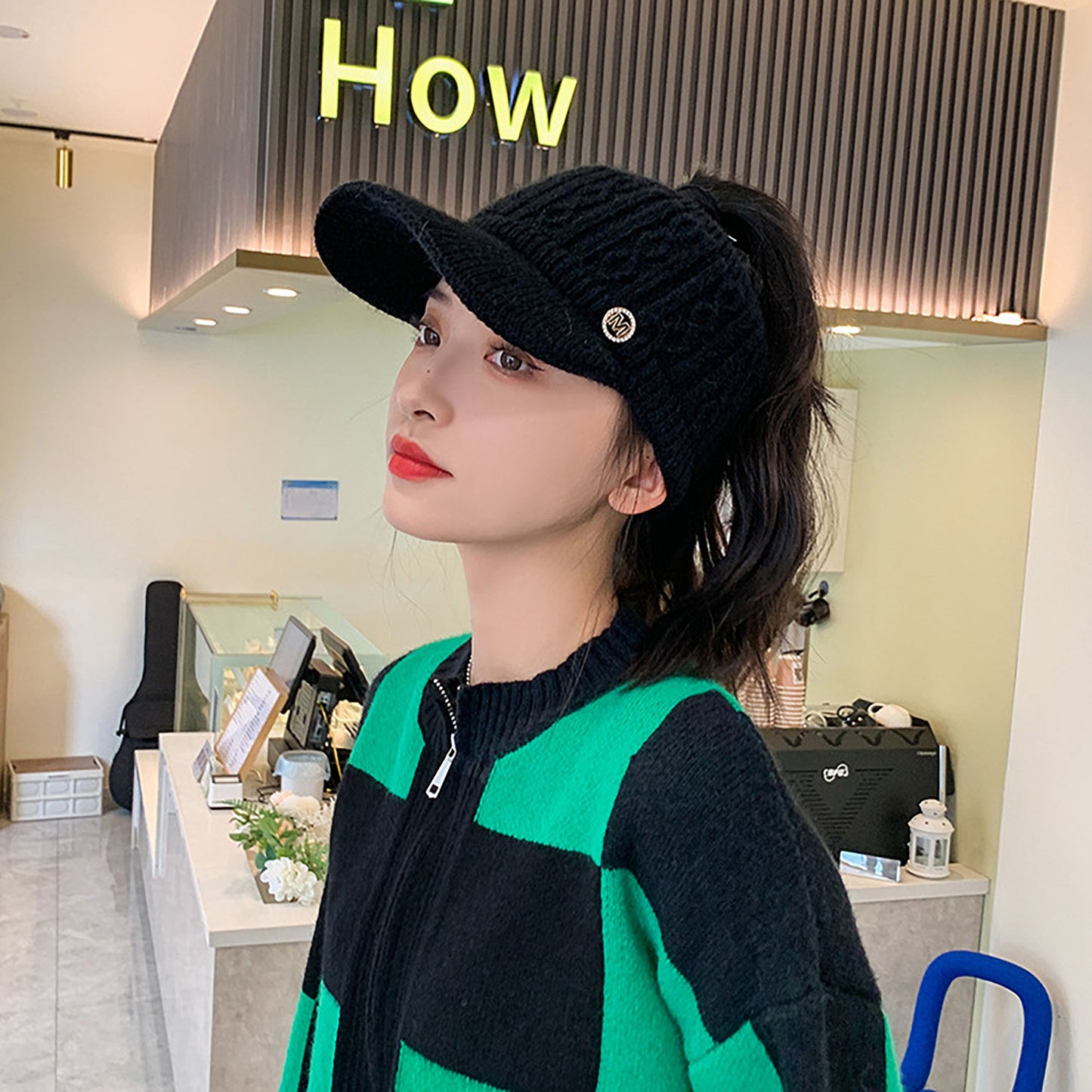 Plush Knit Ponytail Visor Hat with Soft Textured Cable Pattern and Curved Brim Design for Comfortable Everyday Cold-Weather Wear