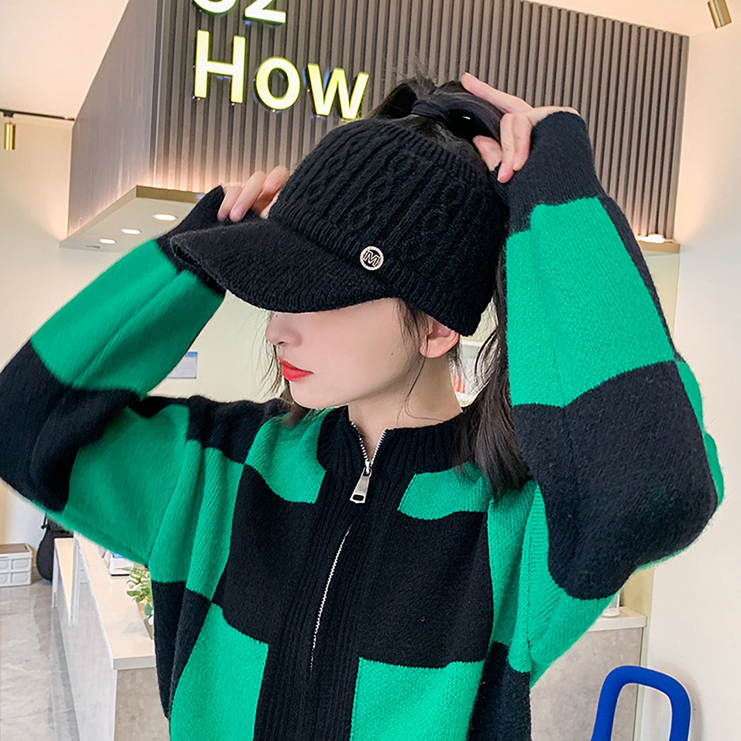 Plush Knit Ponytail Visor Hat with Soft Textured Cable Pattern and Curved Brim Design for Comfortable Everyday Cold-Weather Wear