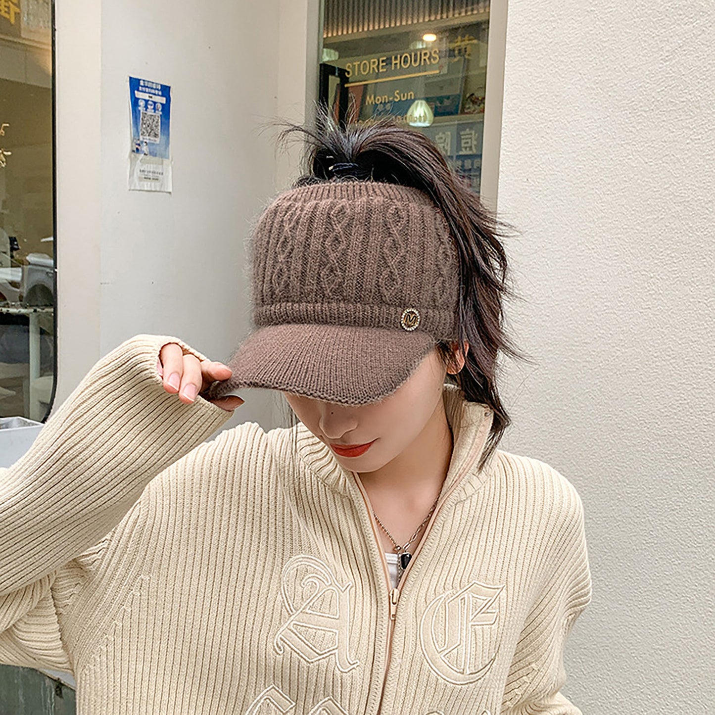 Plush Knit Ponytail Visor Hat with Soft Textured Cable Pattern and Curved Brim Design for Comfortable Everyday Cold-Weather Wear