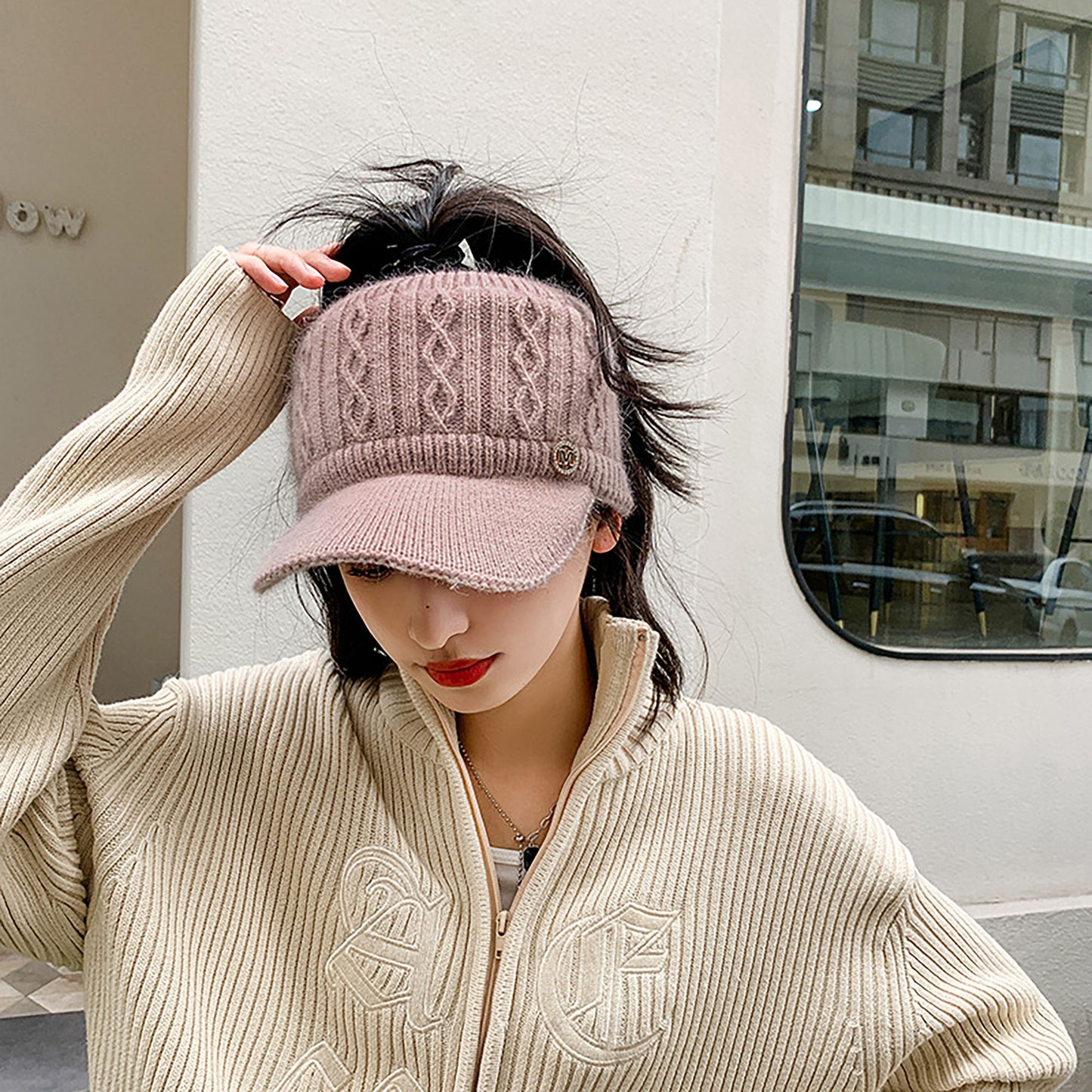 Plush Knit Ponytail Visor Hat with Soft Textured Cable Pattern and Curved Brim Design for Comfortable Everyday Cold-Weather Wear
