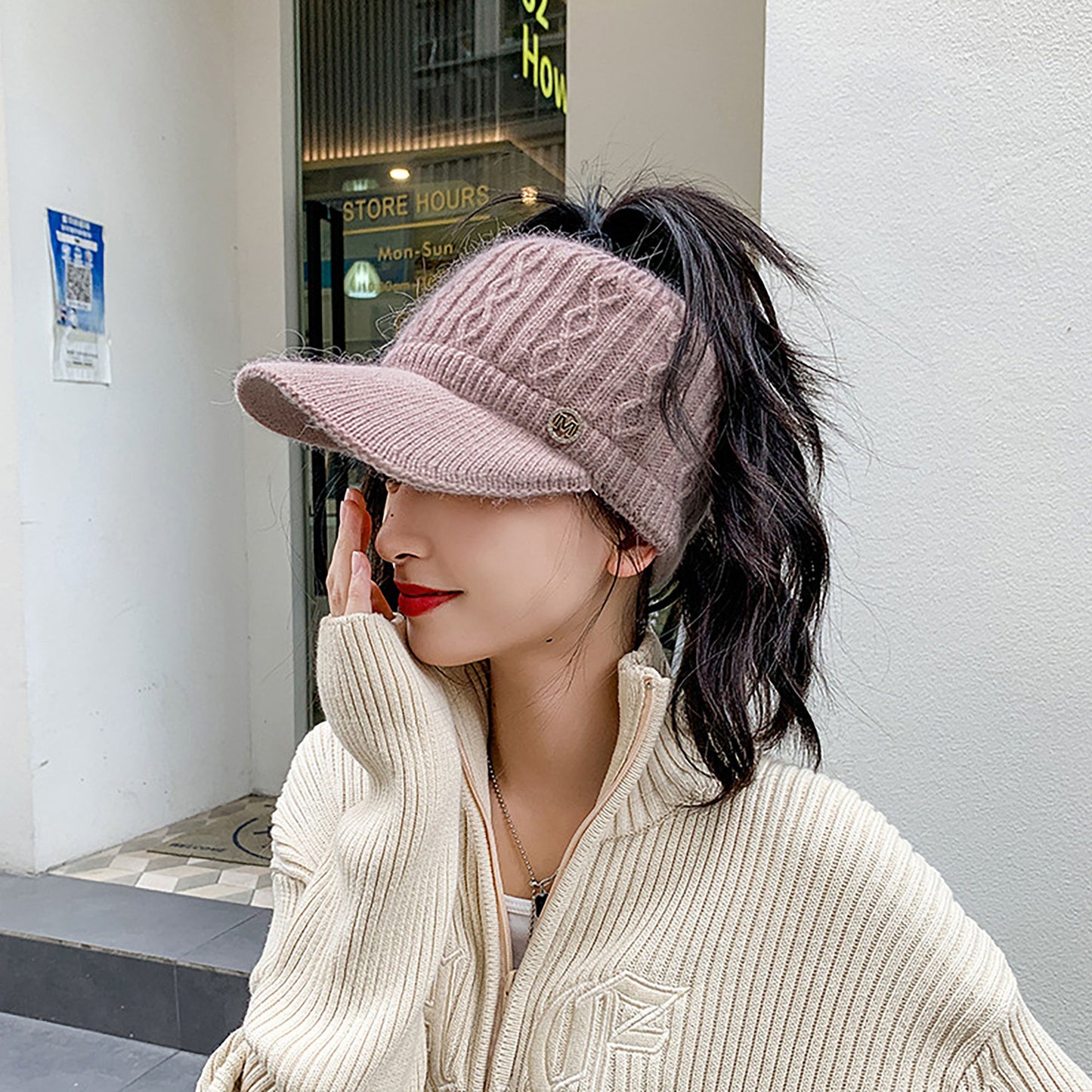 Plush Knit Ponytail Visor Hat with Soft Textured Cable Pattern and Curved Brim Design for Comfortable Everyday Cold-Weather Wear