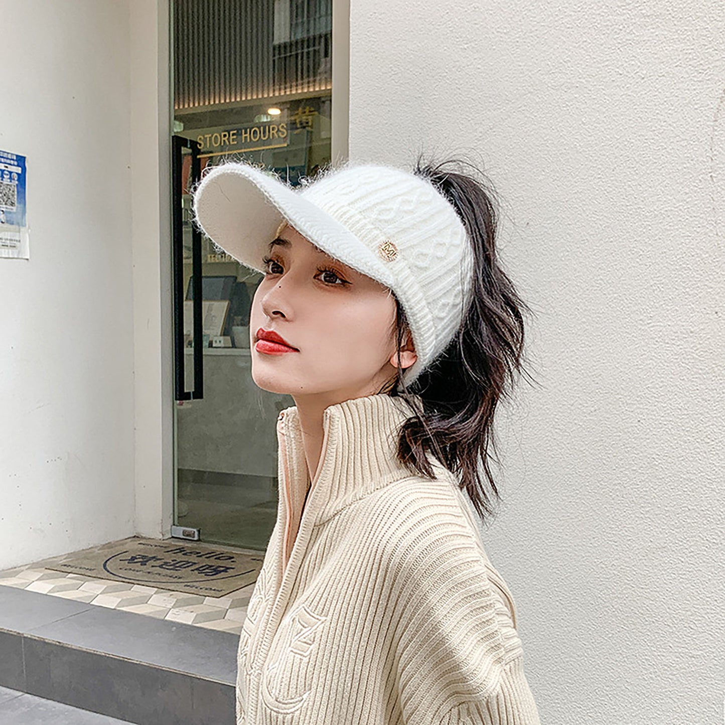 Plush Knit Ponytail Visor Hat with Soft Textured Cable Pattern and Curved Brim Design for Comfortable Everyday Cold-Weather Wear